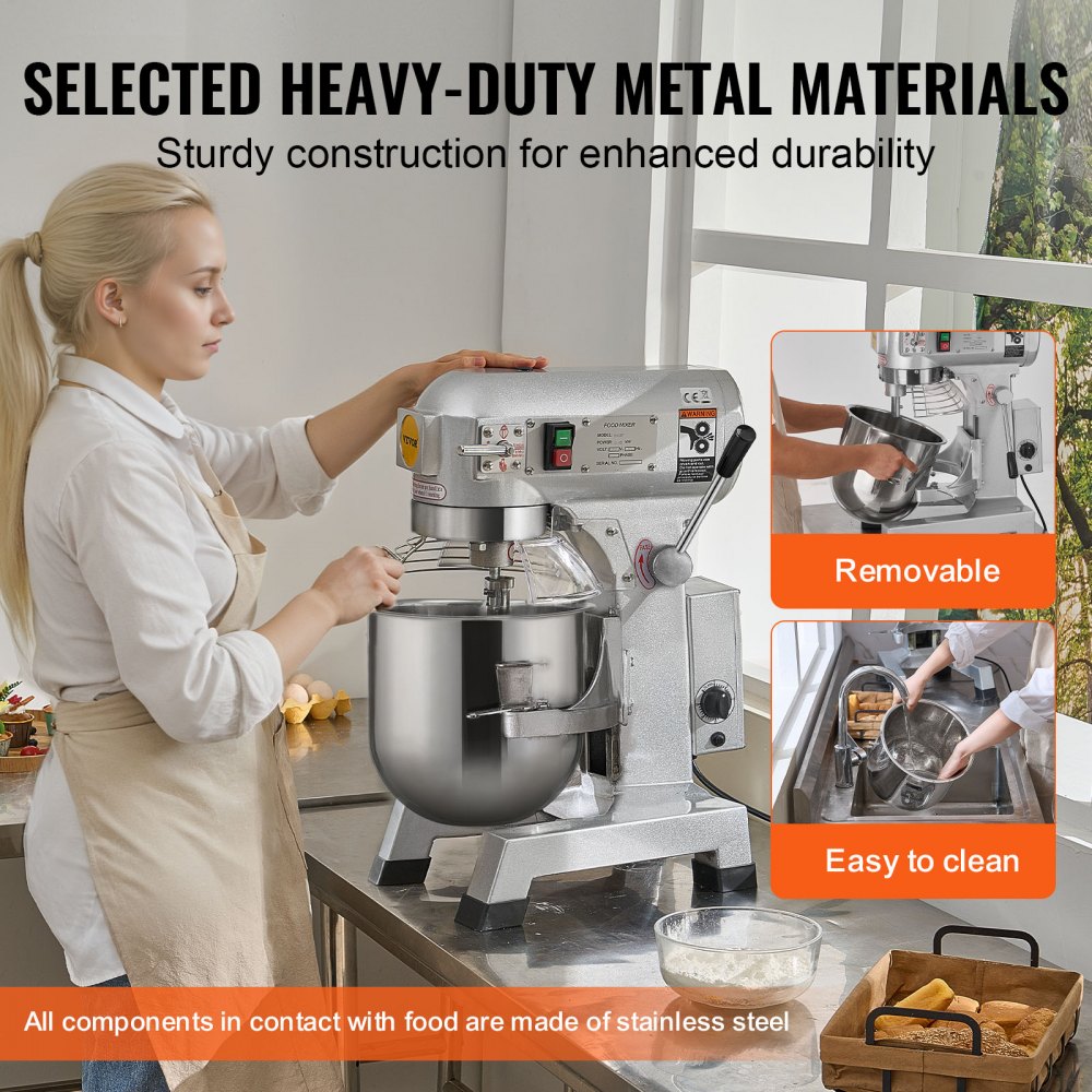 VEVOR Batidora de Cocina Comercial 28,5 L Batidora de Pie Comercial 3 Velocidades Ajustables Amasadora de 1100 W con Tazón de Acero Inoxidable y 3 Accesorios para Mezclar para Restaurante, Panadería