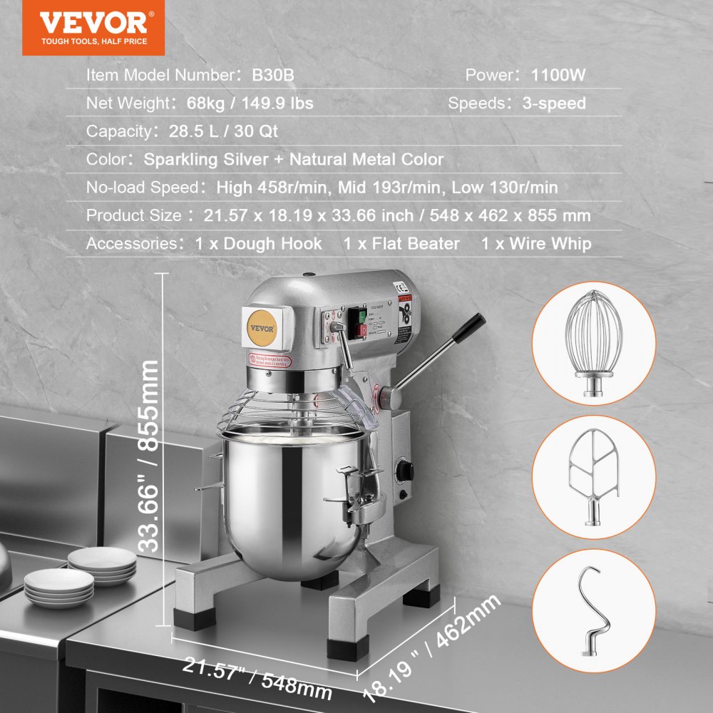 VEVOR Batidora de Cocina Comercial 28,5 L Batidora de Pie Comercial 3 Velocidades Ajustables Amasadora de 1100 W con Tazón de Acero Inoxidable y 3 Accesorios para Mezclar para Restaurante, Panadería
