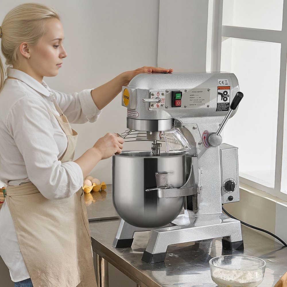 VEVOR Batidora de Cocina Comercial 28,5 L Batidora de Pie Comercial 3 Velocidades Ajustables Amasadora de 1100 W con Tazón de Acero Inoxidable y 3 Accesorios para Mezclar para Restaurante, Panadería