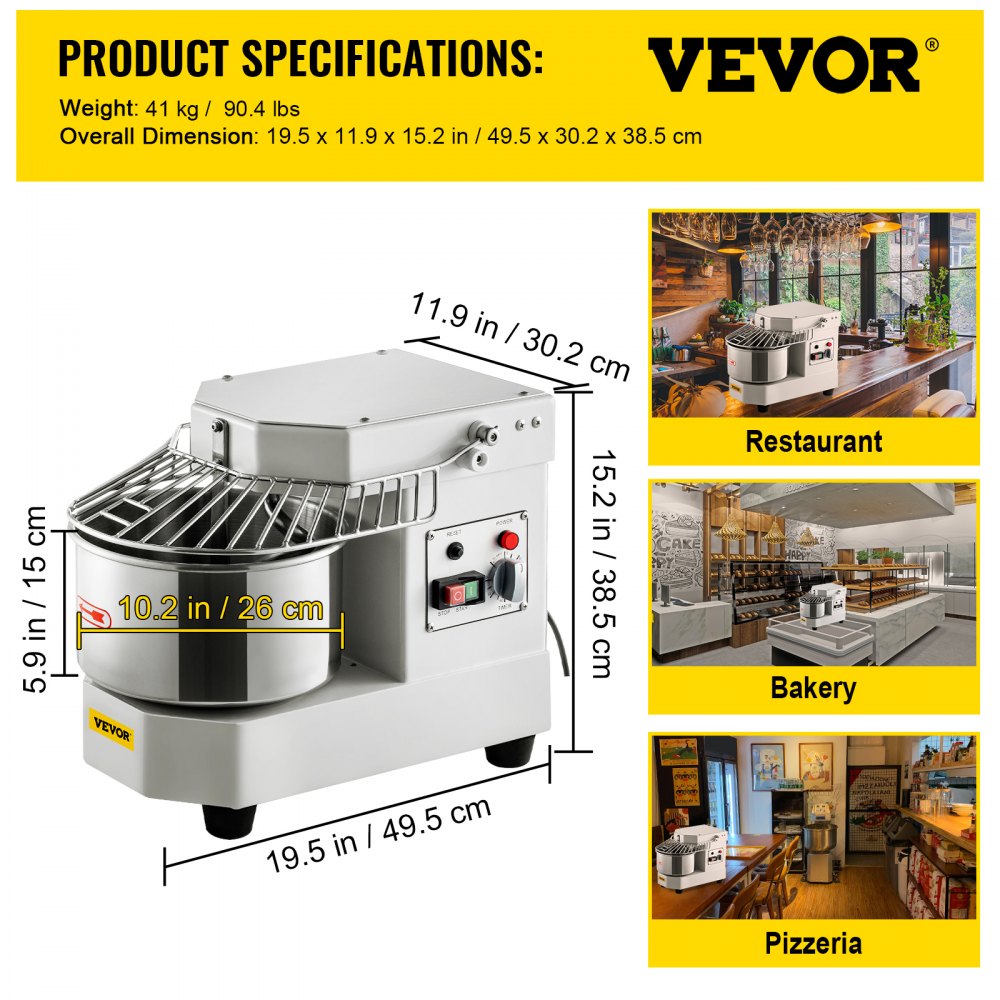 VEVOR Dough Kneading Machine, 8L Stainless Steel Dough Mixer, 450W, Adjustable (130/233/414 RPM), Includes Stainless Steel Bowl, Safety Sign, Timer, Ideal for Bakeries, Restaurants, and Pizzerias