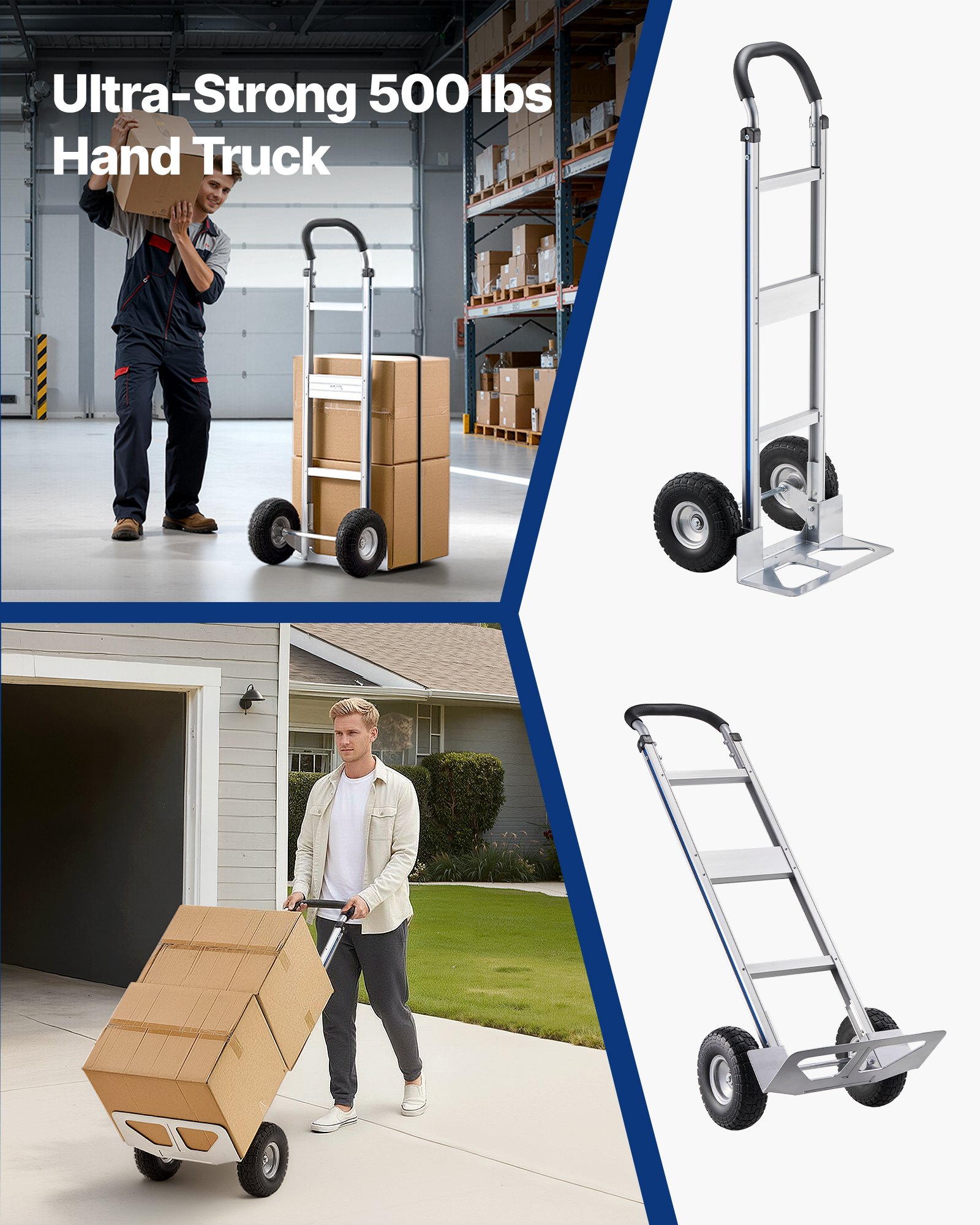 VEVOR Carretilla de Mano, Capacidad de Carga de 227 kg, Resistente, con Asa, de Aleación de Aluminio y Correa de Amarre, Apilable para Mudanzas, Oficinas y Almacenes, 480 x 500 x 1340 mm, Plata