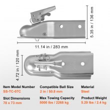VEVOR Cabezal de Enganche para Remolque para Bola de Enganche Canal de 50,8 mm Carga de 2268 kg Acoplador de Lengüeta de Remolque Recto para Autocaravana, Furgoneta, SUV, Superficie Galvanizada