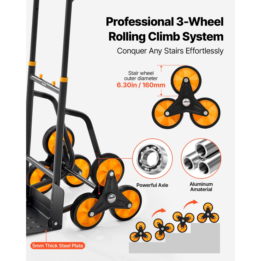 VEVOR Carretilla para Subir Escaleras Carga de 200 kg, Carro de Escalera Plegable con Asa Telescópica, 6 Ruedas y 2 Cuerdas Elásticas, para Transporte, Almacén, Centro Comercial, Mudanzas, Oficina