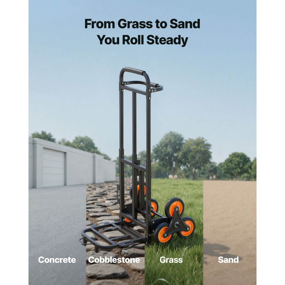 VEVOR Carretilla de Mano Plegable con Asa Telescópica, Carga Máxima 100 kg, Carro Sube Escaleras Marco Resistente de Acero al Carbono con 2 Cuerdas y 6 Ruedas, para Compra Hogar Almacén y Oficina