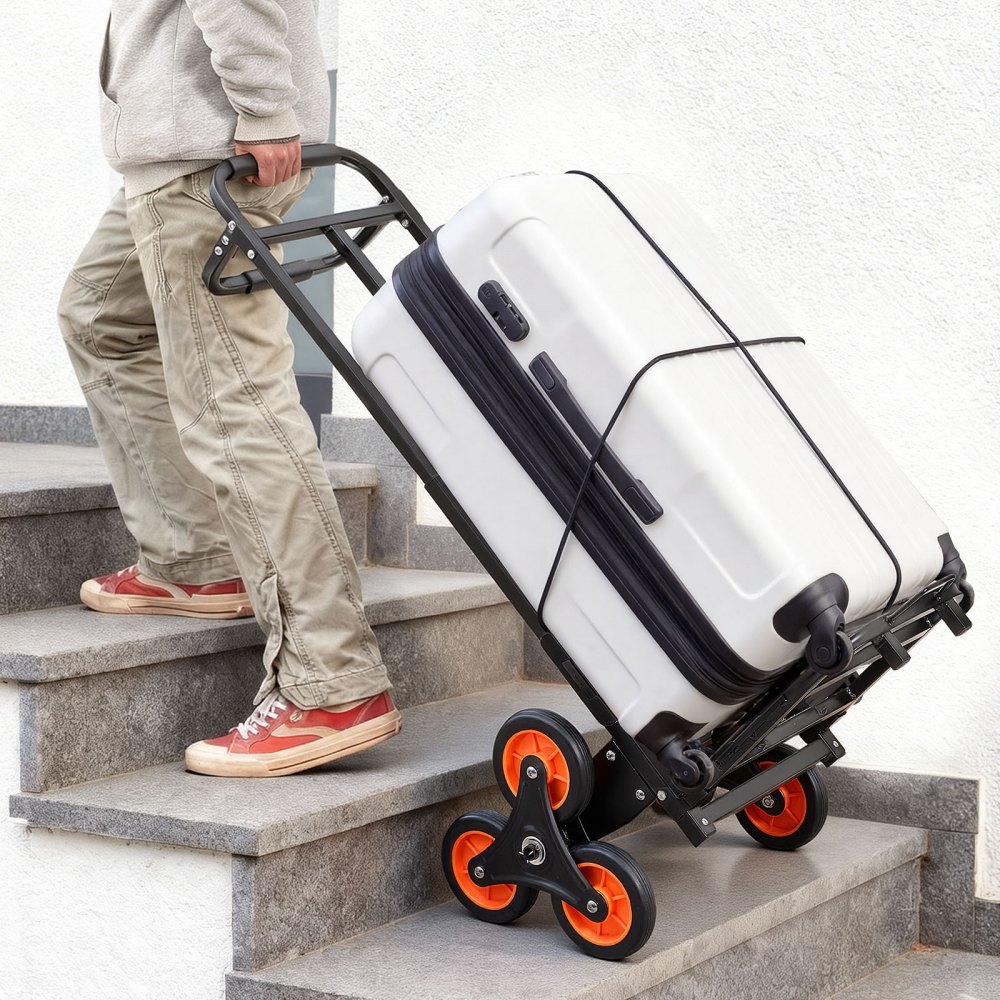 VEVOR Carretilla de Mano Plegable con Asa Telescópica, Carga Máxima 100 kg, Carro Sube Escaleras Marco Resistente de Acero al Carbono con 2 Cuerdas y 6 Ruedas, para Compra Hogar Almacén y Oficina