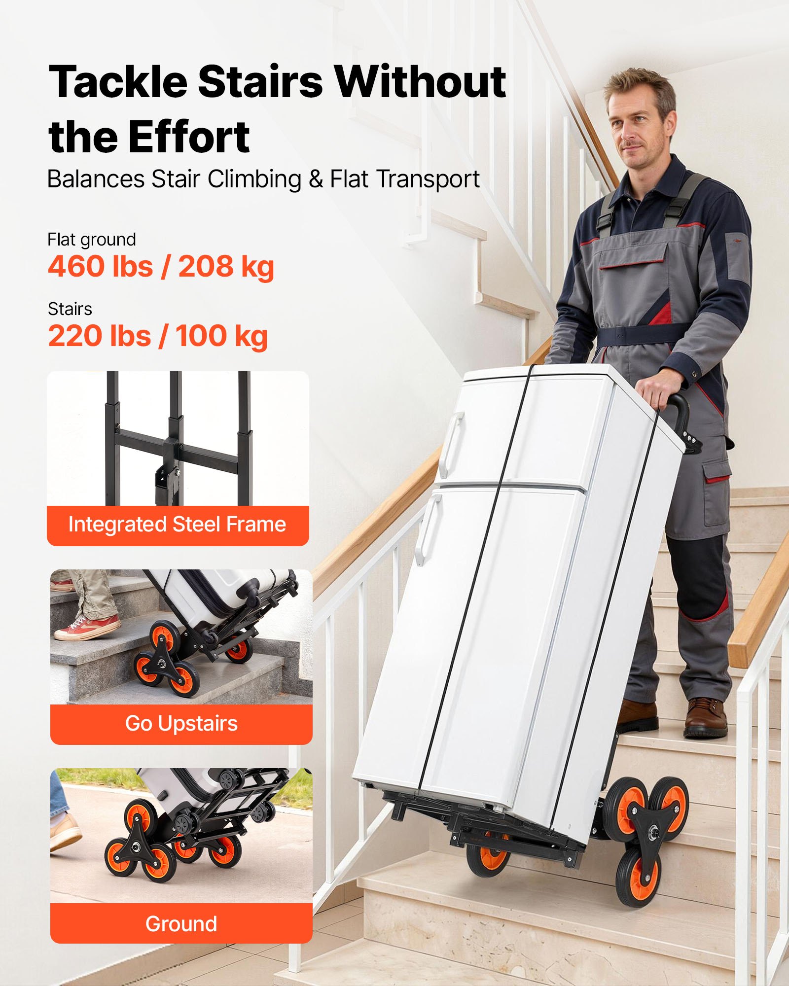 VEVOR Carretilla de Mano Plegable con Asa Telescópica, Carga Máxima 100 kg, Carro Sube Escaleras Marco Resistente de Acero al Carbono con 2 Cuerdas y 6 Ruedas, para Compra Hogar Almacén y Oficina