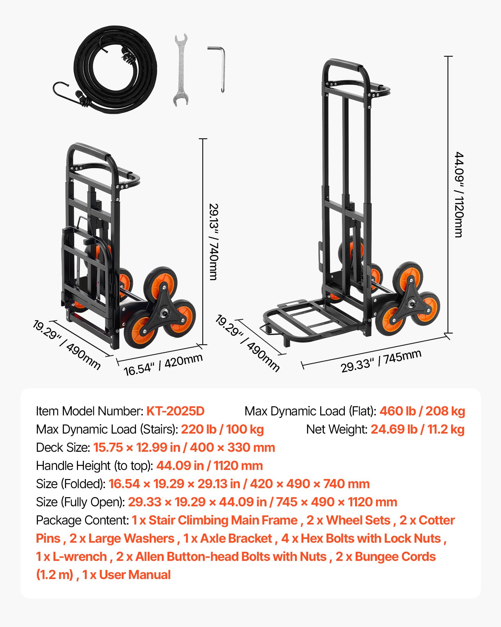 VEVOR Carretilla de Mano Plegable con Asa Telescópica, Carga Máxima 100 kg, Carro Sube Escaleras Marco Resistente de Acero al Carbono con 2 Cuerdas y 6 Ruedas, para Compra Hogar Almacén y Oficina