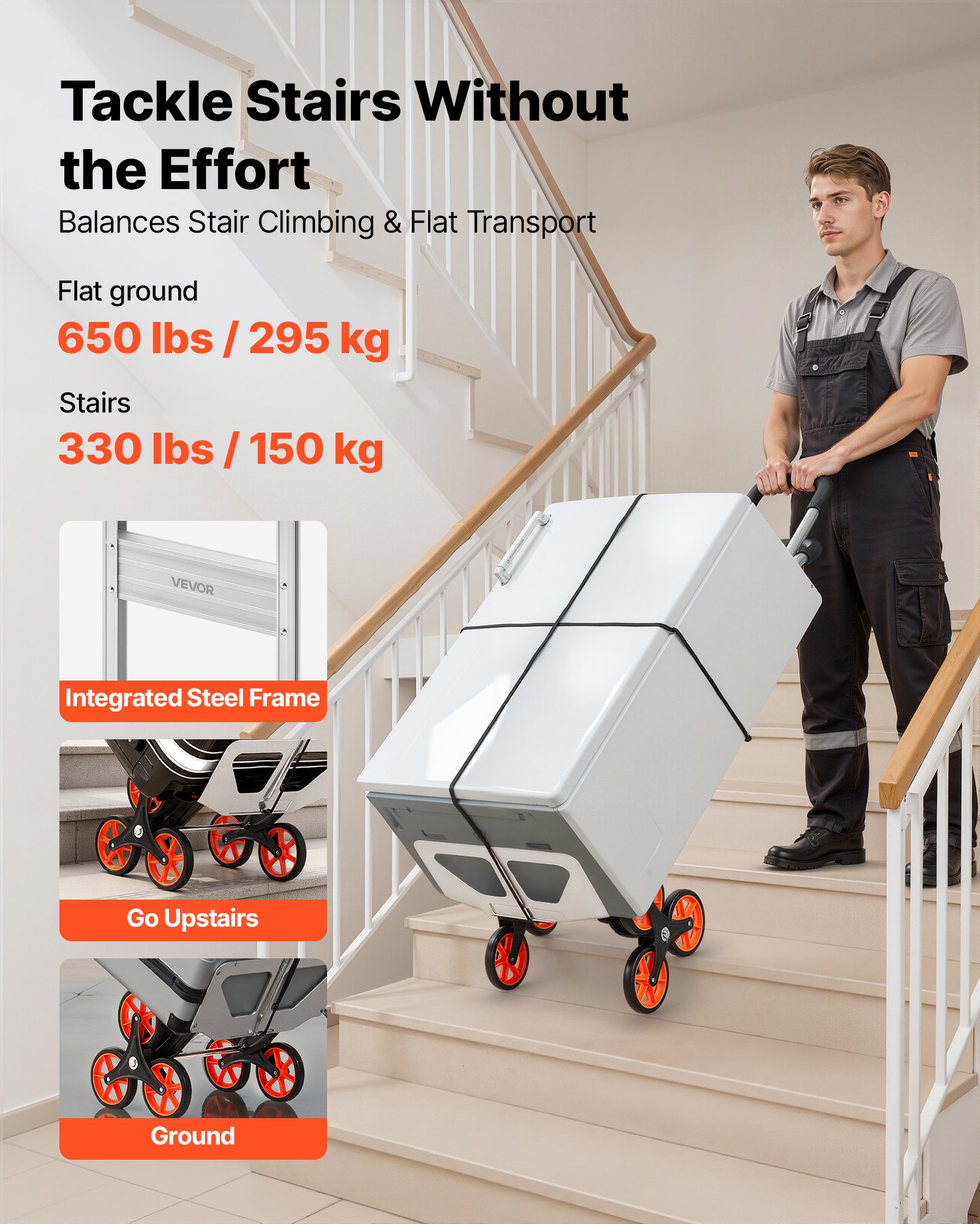 VEVOR Carretilla de Mano Plegable con Asa Telescópica, Carga Máxima 150 kg, Carro Sube Escaleras Marco Resistente de Aleación de Aluminio con 6 Ruedas y 2 Cuerdas, para Oficina Compra Hogar y Almacén