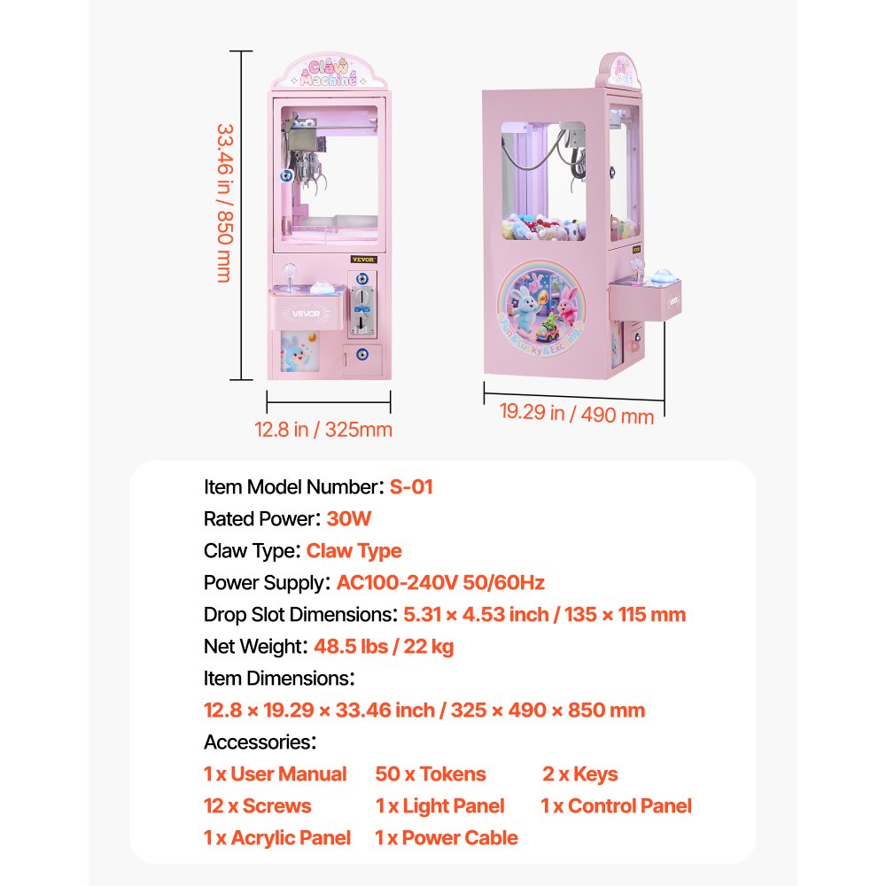 VEVOR Máquina de Garras de 30 W para Juegos de Feria, con Efectos de Luz y Sonido, Modo Garra de Acero, Compatible con Peluches de 40 a 80 mm, Ideal para Cines y Juegos Domésticos, Color Rosa