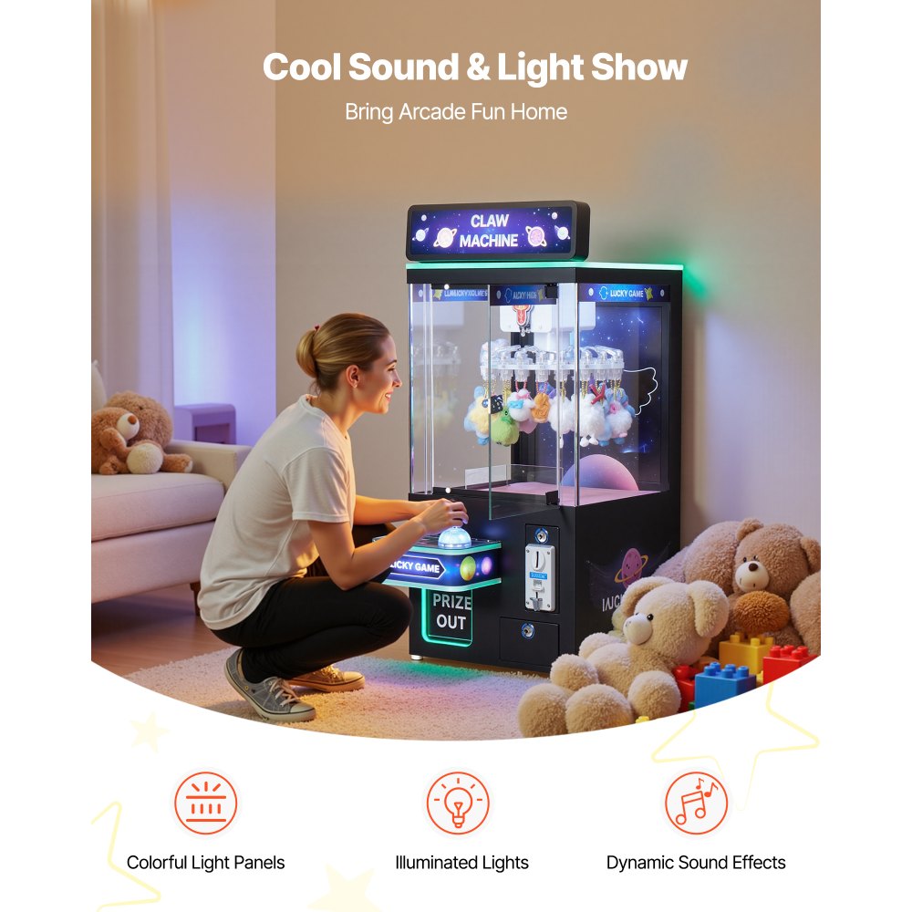 VEVOR Máquina de Garras 60 W, para Máquinas Recreativas, con Efectos de Luz y Sonido, Modo Clip, para Objetos de hasta 50 g, para Cines, Salas de Juegos y Salones Recreativos, Negro y Morado
