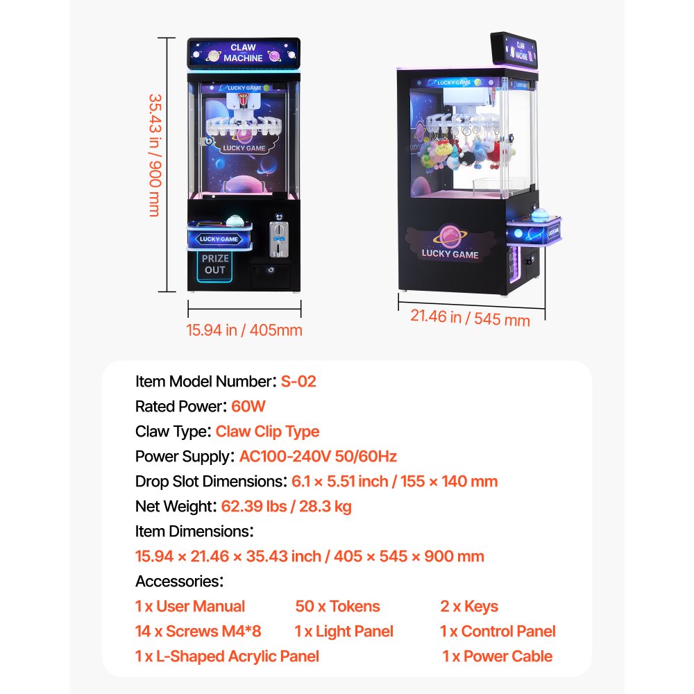 VEVOR Máquina de Garras 60 W, para Máquinas Recreativas, con Efectos de Luz y Sonido, Modo Clip, para Objetos de hasta 50 g, para Cines, Salas de Juegos y Salones Recreativos, Negro y Morado
