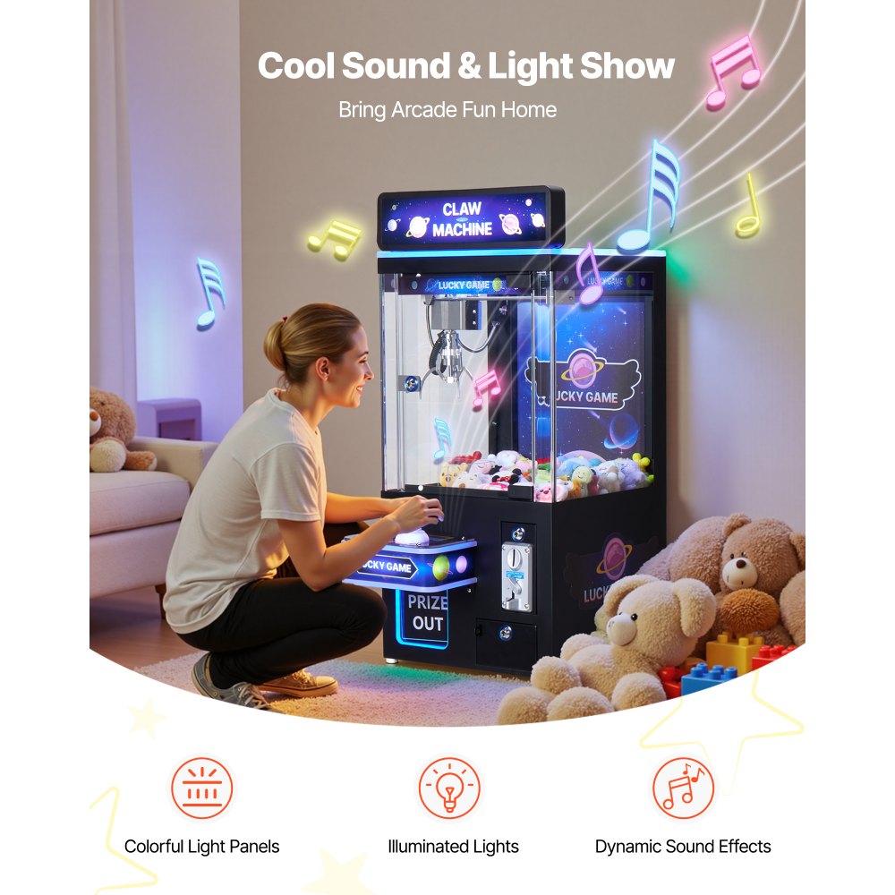 VEVOR Máquina de Garras 60 W para Juegos de Feria, con Efectos de Luz y Sonido, Modo Garra, Compatible con Peluches 40 a 80 mm, para Cines y Juegos Domésticos, Negro y Morado, 405 x 545 x 900 mm