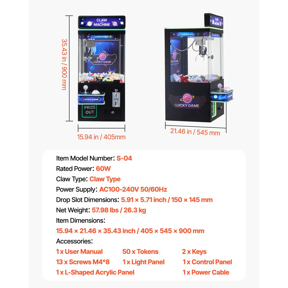 VEVOR Máquina de Garras 60 W para Juegos de Feria, con Efectos de Luz y Sonido, Modo Garra, Compatible con Peluches 40 a 80 mm, para Cines y Juegos Domésticos, Negro y Morado, 405 x 545 x 900 mm
