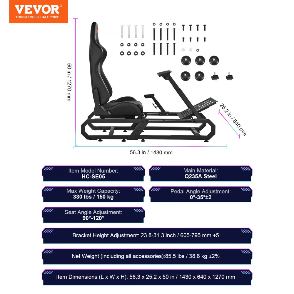 Soporte para volante de carreras VEVOR para Logitech G923/G920/G29, cabina de simulador de conducción de acero resistente, Thrustmaster T248P, altura del soporte del volante y ángulo del pedal ajustables, carga máxima de 330 libras, compacto