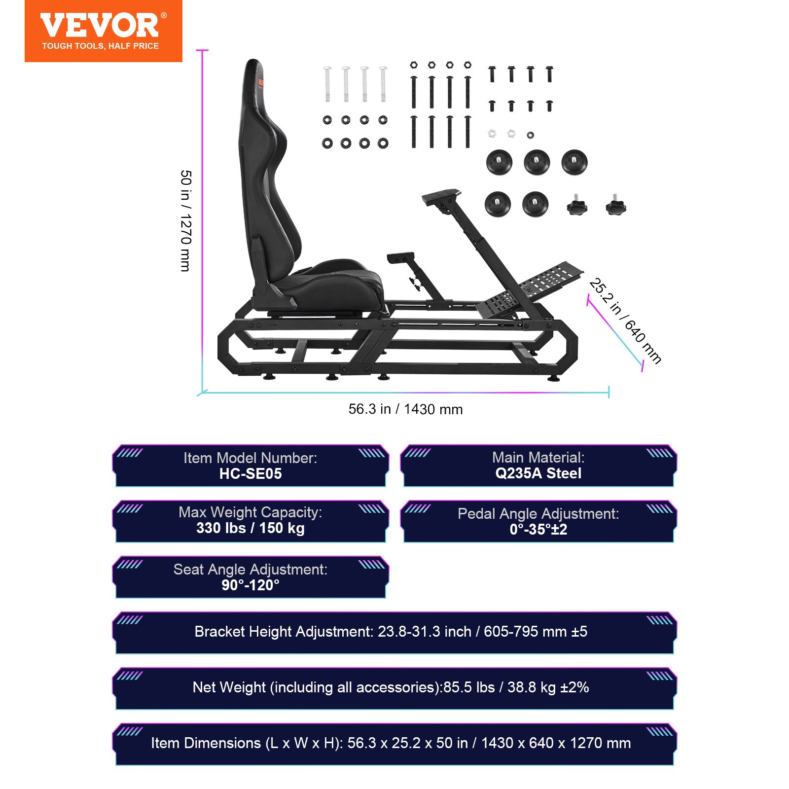 Soporte para volante de carreras VEVOR para Logitech G923/G920/G29, cabina de simulador de conducción de acero resistente, Thrustmaster T248P, altura del soporte del volante y ángulo del pedal ajustables, carga máxima de 330 libras, compacto