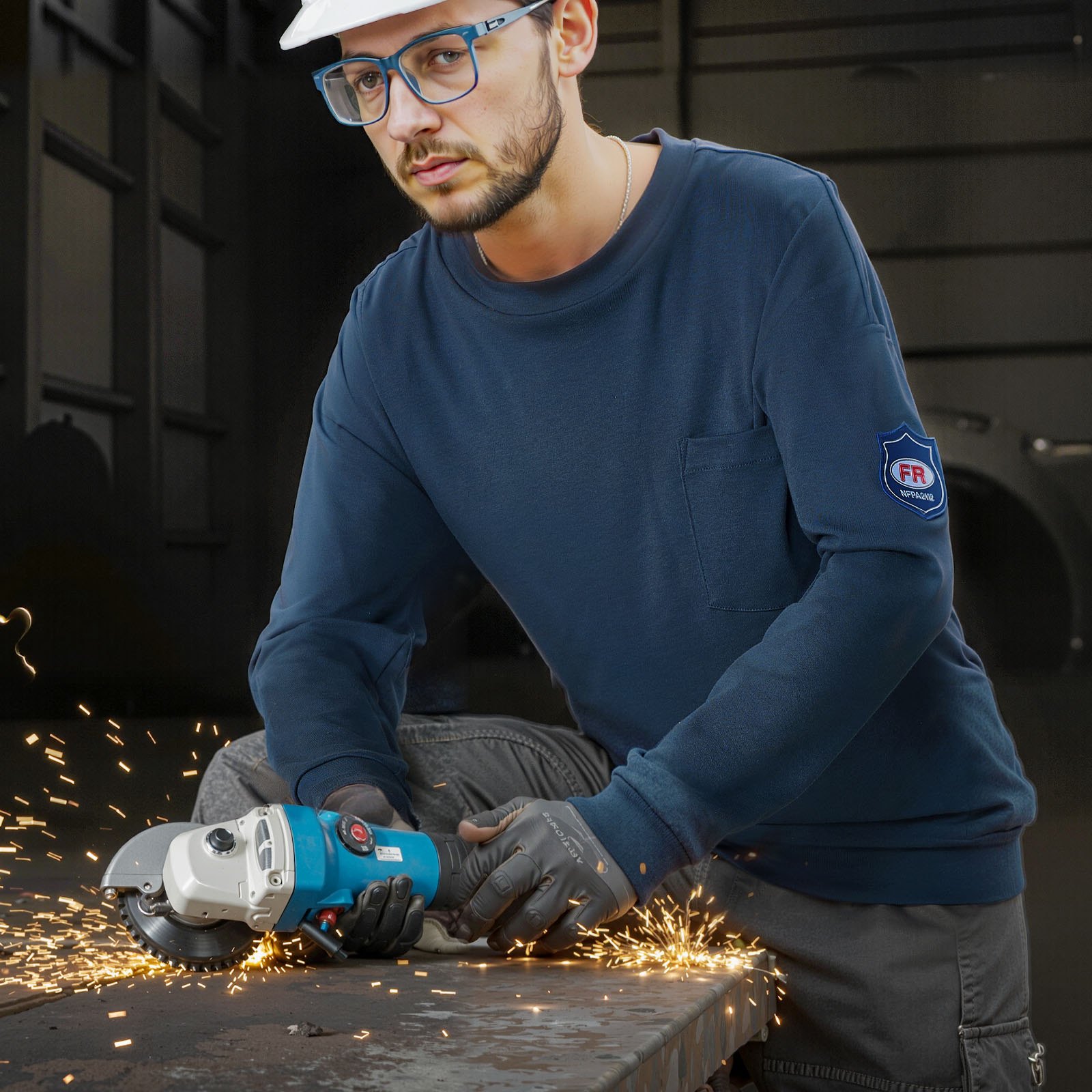 VEVOR Camisa de Manga Larga Ignífuga para Hombre, Ligera, de 100% Algodón Transpirable, 238 g/m², con Tratamiento Preencogido y Bolsillo, para Soldadores y Electricistas, Azul Marino, Talla L