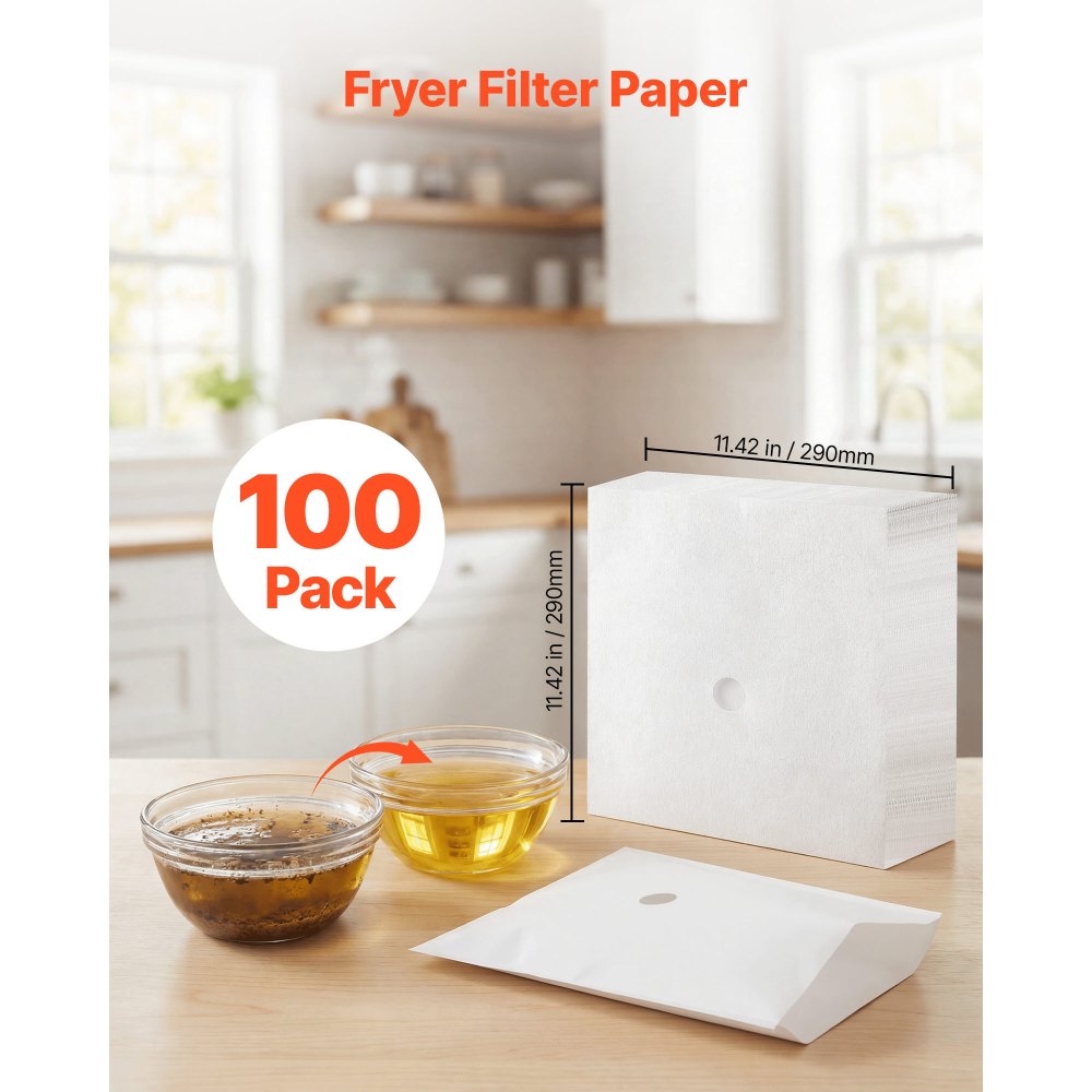 VEVOR 100 Pack Fryer Filter Paper, Replacement Deep Fryer Filter Sheets, for 38/55L Commercial Mobile Machine, Extend Oil Life for Improved Taste, for Restaurant, Kitchen, Burger Shop, 29x29 cm