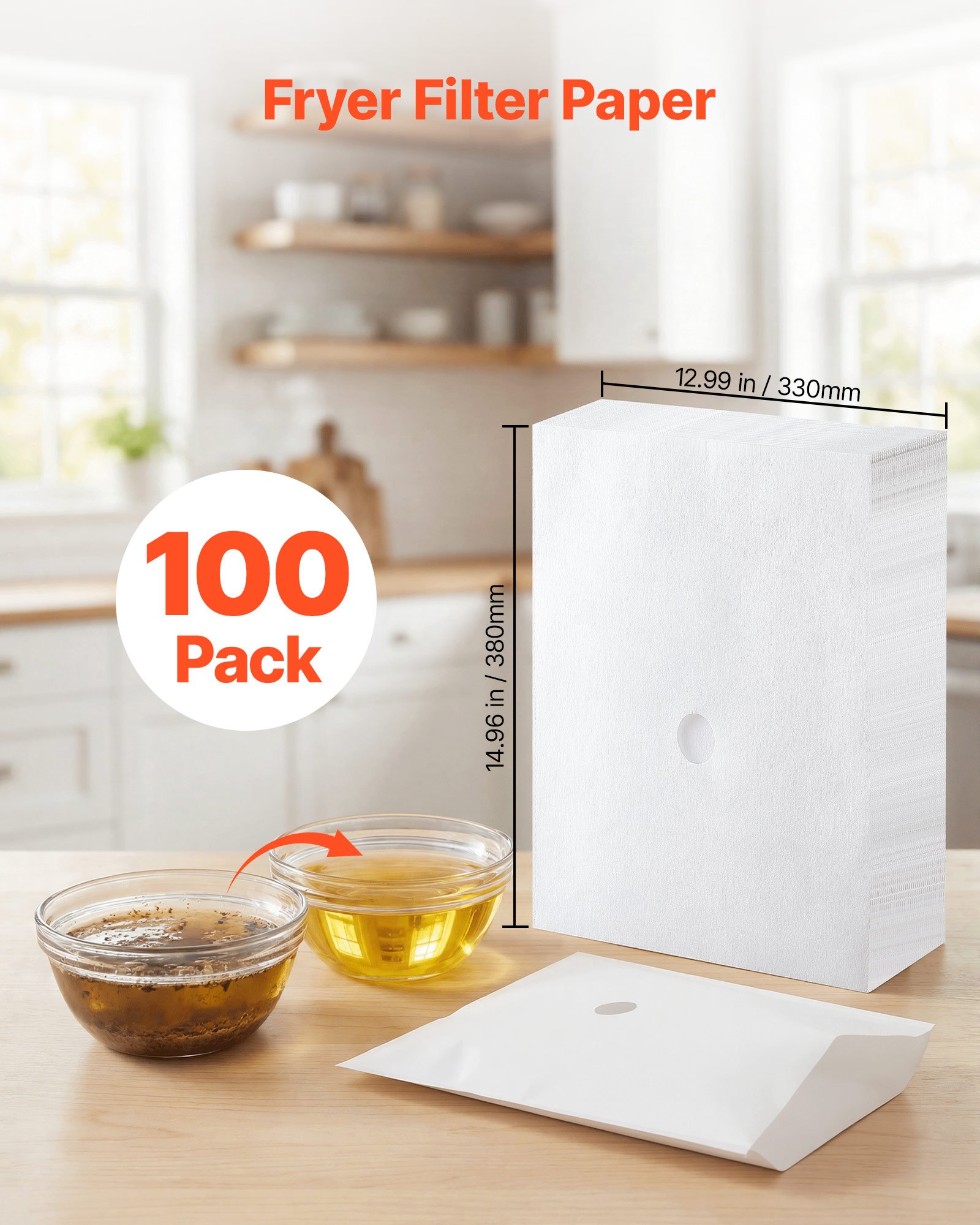 VEVOR Papel de Filtro de Aceite para Freidora 100 Hojas 38 x 33 cm, Hojas de Filtro de Repuesto, Prolonga la Vida Útil del Aceite para Un Mejor Sabor, para Restaurante, Hamburguesería, Cocina, Blanco