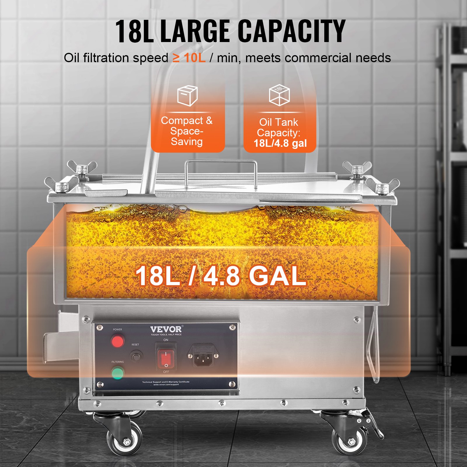 VEVOR Mobile Deep Fryer Filter, 18 L Oil Tank Capacity, Oil Filtration System with 10 L/min Oil Filtration Speed, Rollable Deep Fryer Oil Filter System with Swivel Wheels, Oil Hose for Restaurants