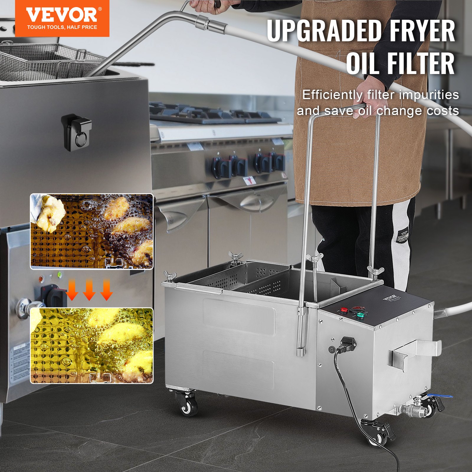 VEVOR Filtro de freidora móvil capacidad del tanque de aceite de 38L sistema de filtración de aceite con velocidad de filtración de aceite de 10 L/min sistema de filtro de aceite con ruedas giratorias