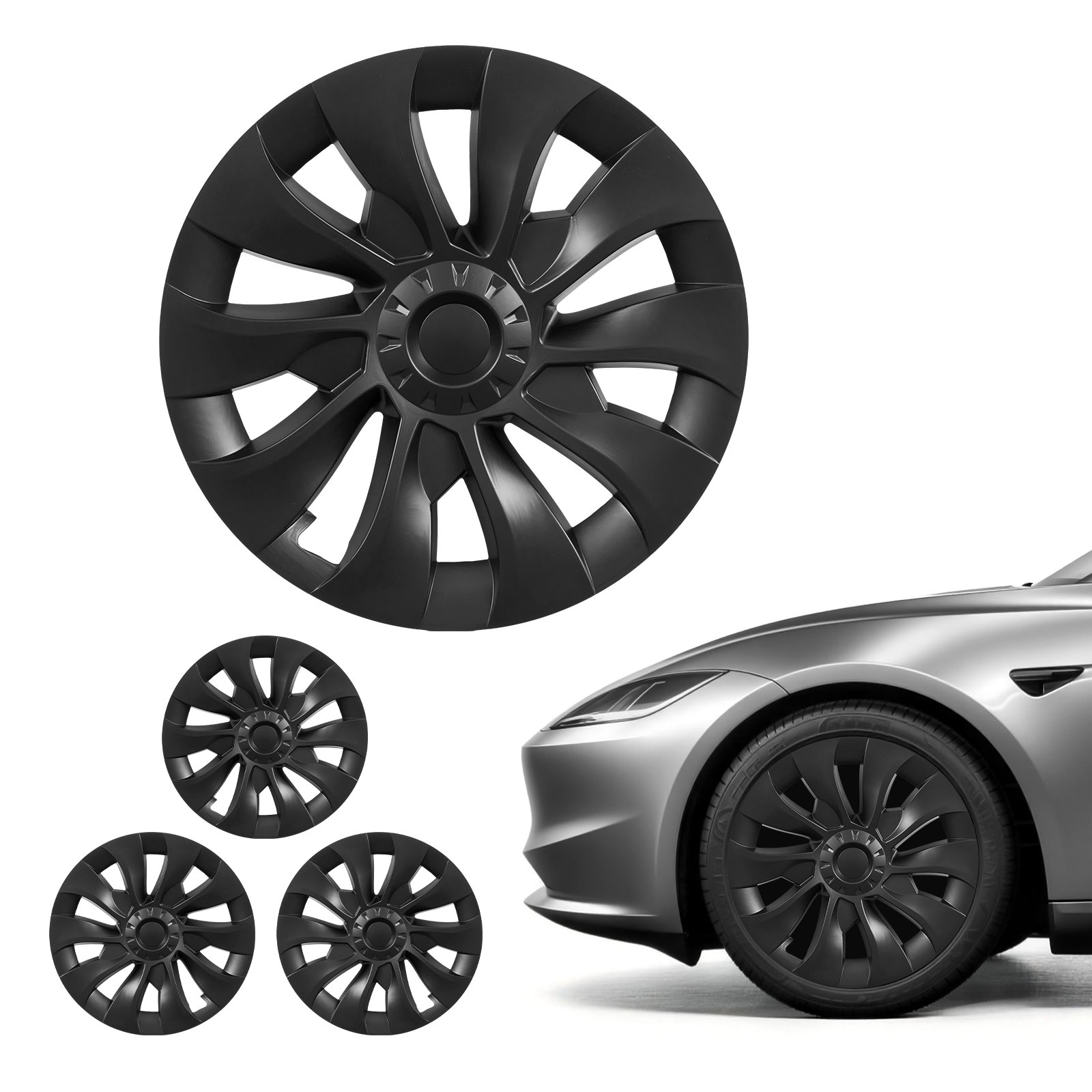VEVOR Juego de 4 Tapacubos de 18 pulgadas Embellecedores de Rueda R18, Tapacubos Personalizados de 10 Radios, Material de ABS, Resistente y Duradero, Compatible con Tesla Model 3 2017-2023, Negro