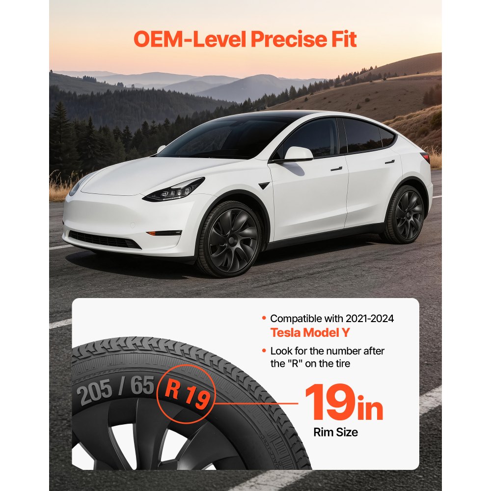 VEVOR Juego de 4 Tapacubos de 19 pulgadas, Embellecedores de Rueda R19, Tapacubos Personalizados de 7 Radios, Material de ABS, Resistente y Duradero, Compatible con Tesla Model Y 2021-24, Negro Mate