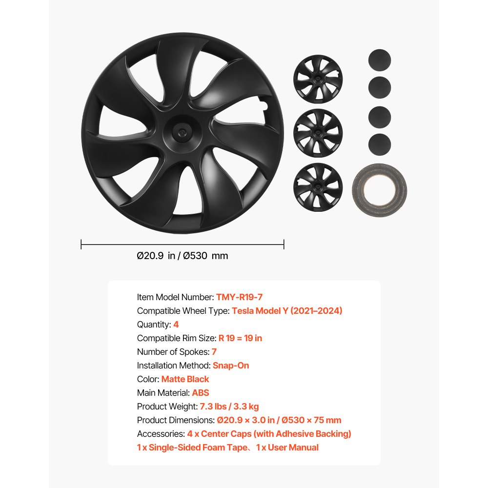 VEVOR Juego de 4 Tapacubos de 19 pulgadas, Embellecedores de Rueda R19, Tapacubos Personalizados de 7 Radios, Material de ABS, Resistente y Duradero, Compatible con Tesla Model Y 2021-24, Negro Mate