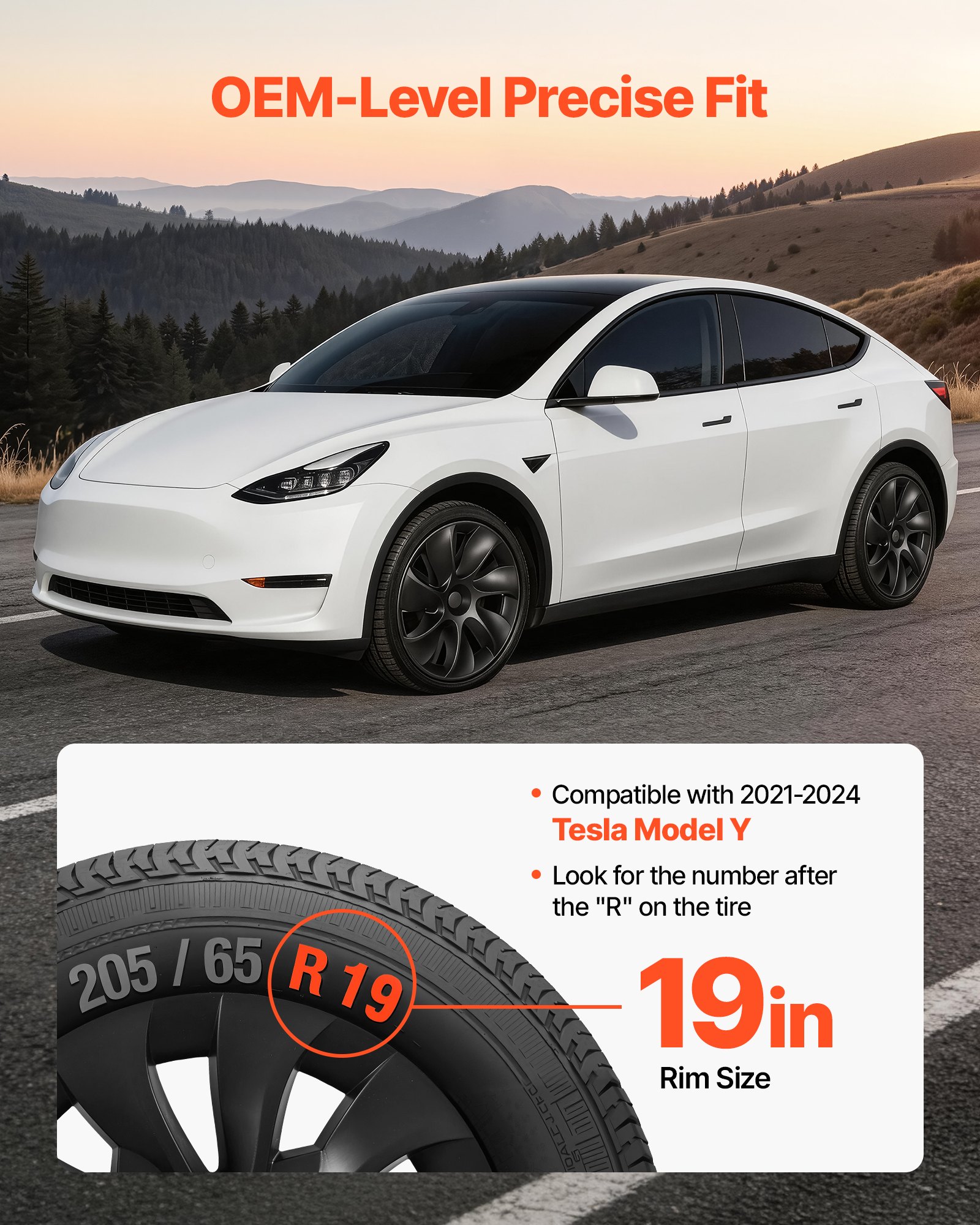 VEVOR Juego de 4 Tapacubos de 19 pulgadas, Embellecedores de Rueda R19, Tapacubos Personalizados de 7 Radios, Material de ABS, Resistente y Duradero, Compatible con Tesla Model Y 2021-24, Negro Mate