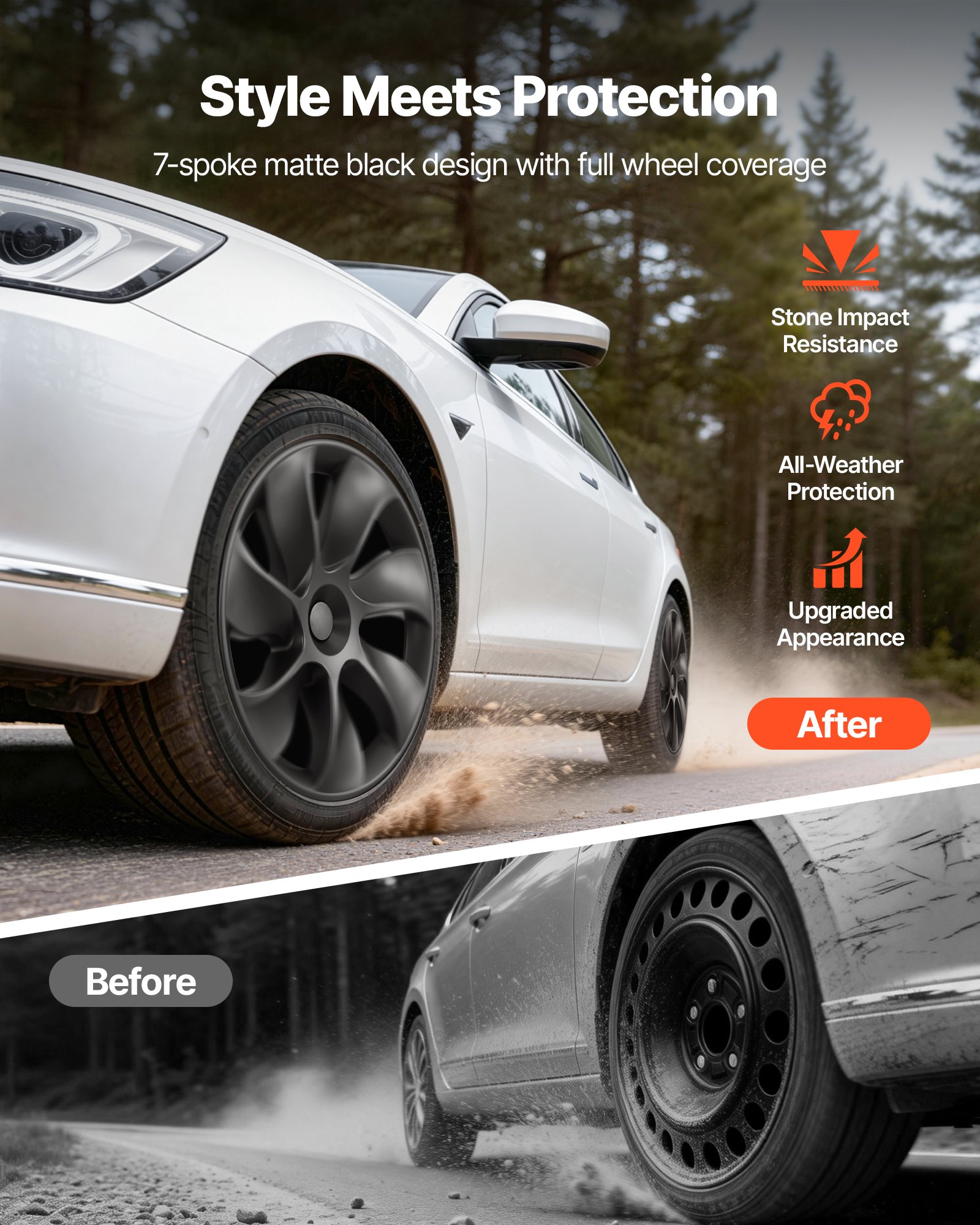 VEVOR Juego de 4 Tapacubos de 19 pulgadas, Embellecedores de Rueda R19, Tapacubos Personalizados de 7 Radios, Material de ABS, Resistente y Duradero, Compatible con Tesla Model Y 2021-24, Negro Mate