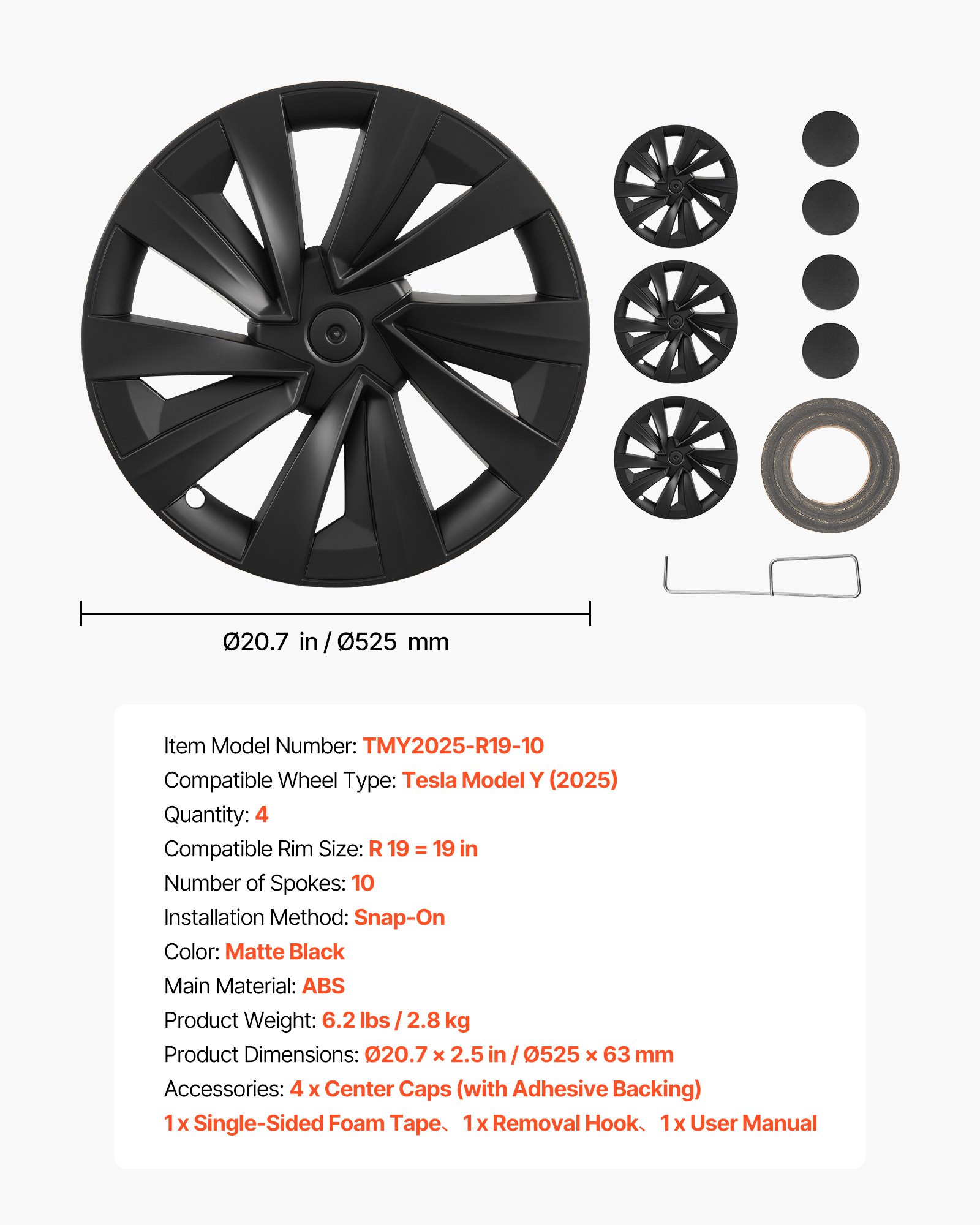 VEVOR Juego de 4 Tapacubos de 19 pulgadas, Embellecedores de Rueda R19, Tapacubos Personalizados de 10 Radios, Material de ABS, Resistente y Duradero, Compatible con Tesla Model Y 2025, Negro Mate