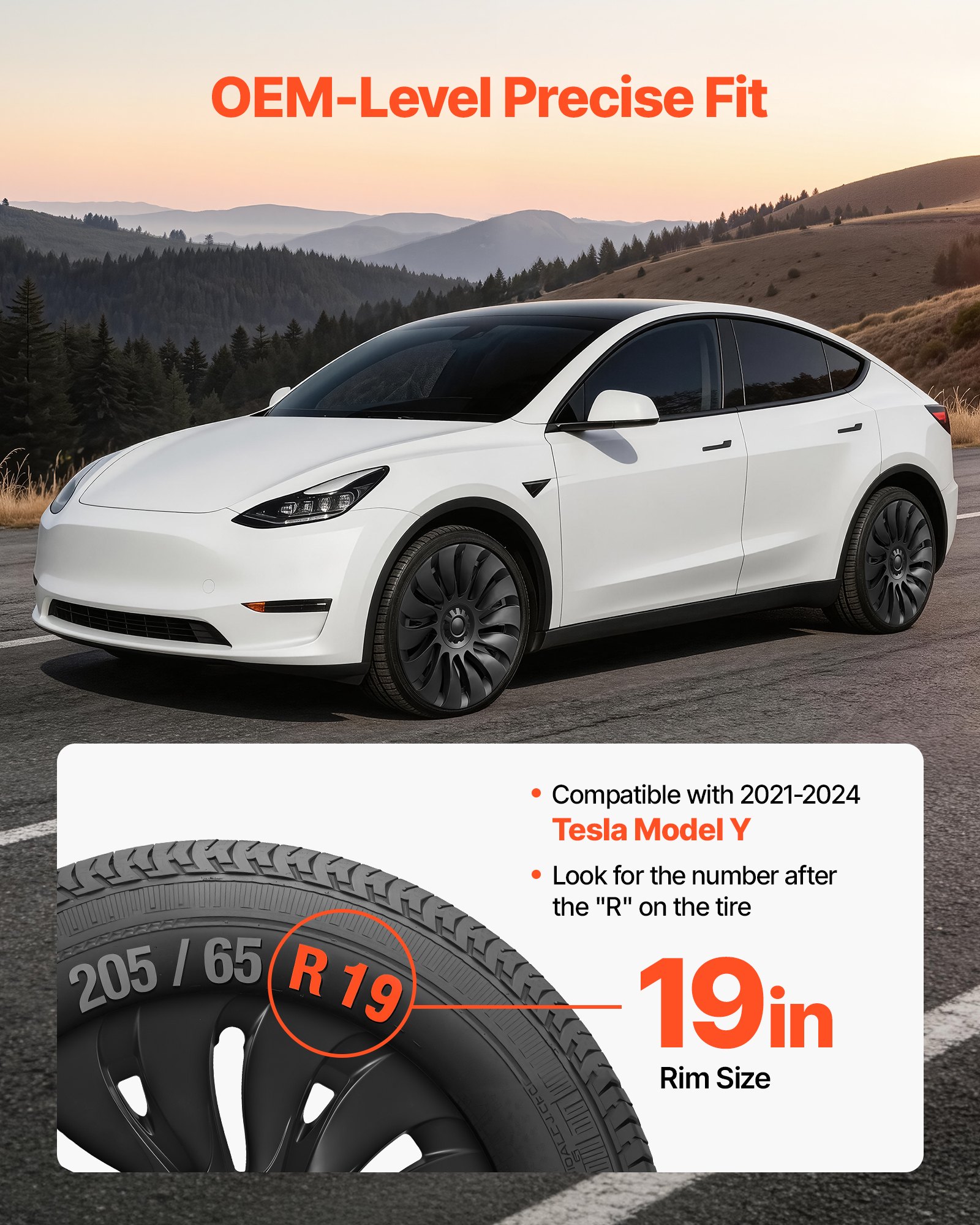 VEVOR Juego de 4 Tapacubos de 19 pulgadas Embellecedores de Rueda R19, Tapacubos Personalizados de 14 Radios, Material de ABS, Resistente y Duradero, Compatible con Tesla Model Y 2021-2024, Negro