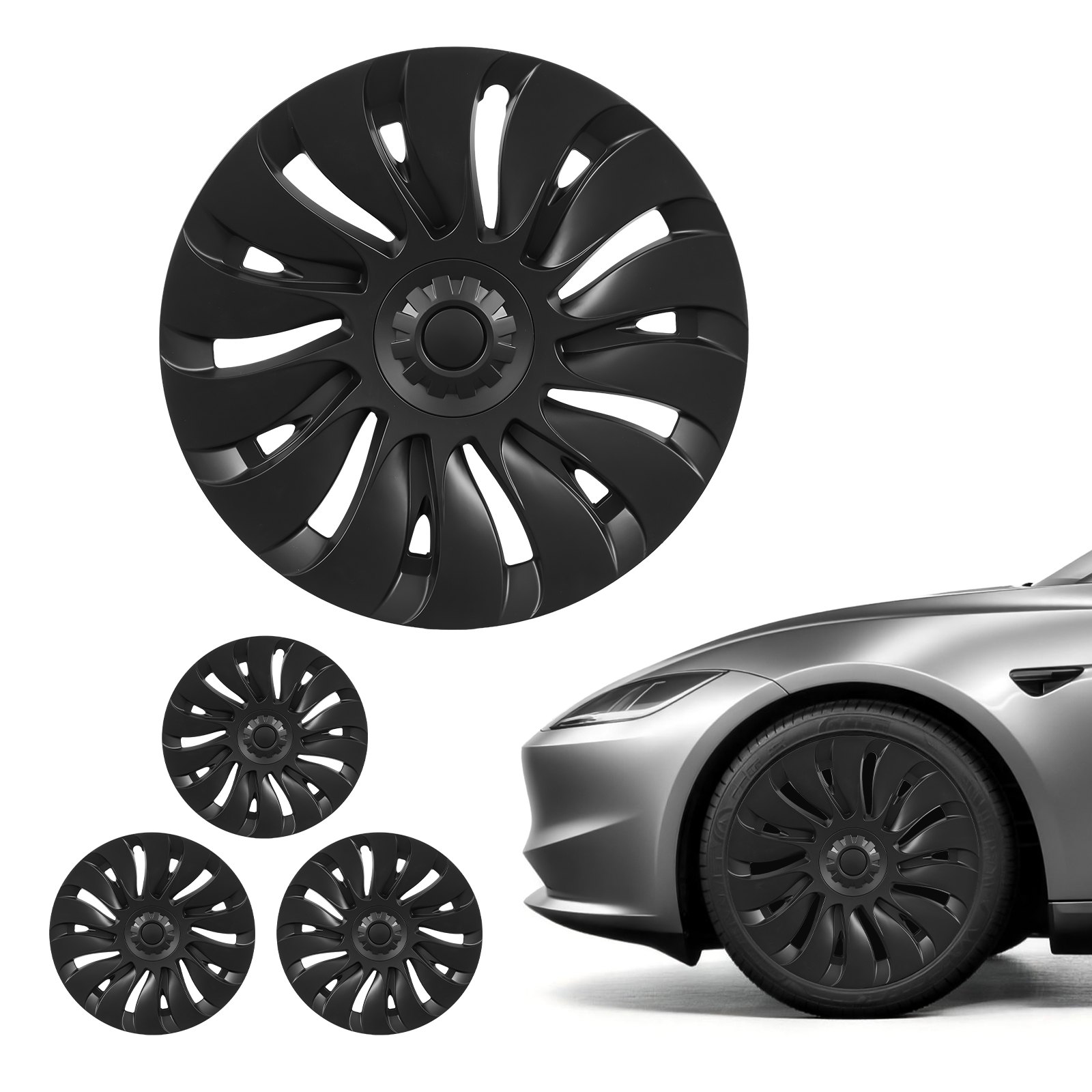 VEVOR Juego de 4 Tapacubos de 19 pulgadas Embellecedores de Rueda R19, Tapacubos Personalizados de 14 Radios, Material de ABS, Resistente y Duradero, Compatible con Tesla Model Y 2021-2024, Negro
