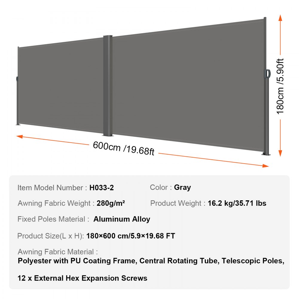 VEVOR Toldo Solar Retráctil, Pantalla de Alta Privacidad 180X600cm, Protector Solar a Prueba de Viento para Patio Jardín Terraza Gris