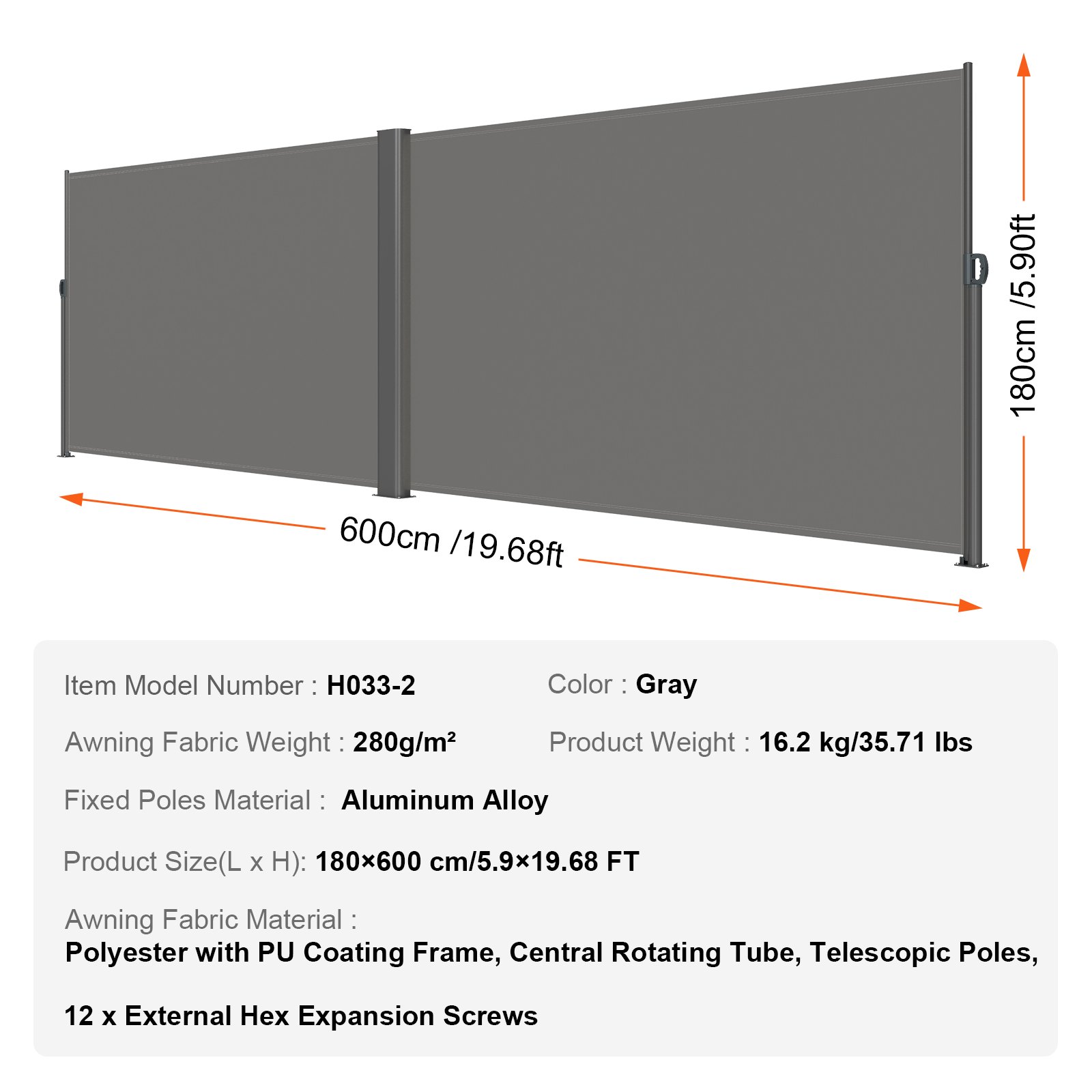 VEVOR Toldo Solar Retráctil, Pantalla de Alta Privacidad 180X600cm, Protector Solar a Prueba de Viento para Patio Jardín Terraza Gris