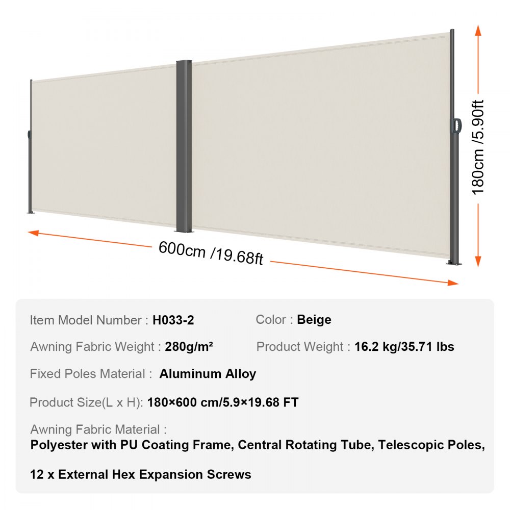 VEVOR Protector Solar a Prueba de Viento para Patio Jardín Blanco Cremoso, Toldo Solar Retráctil, Pantalla de Alta Privacidad 180X600cm