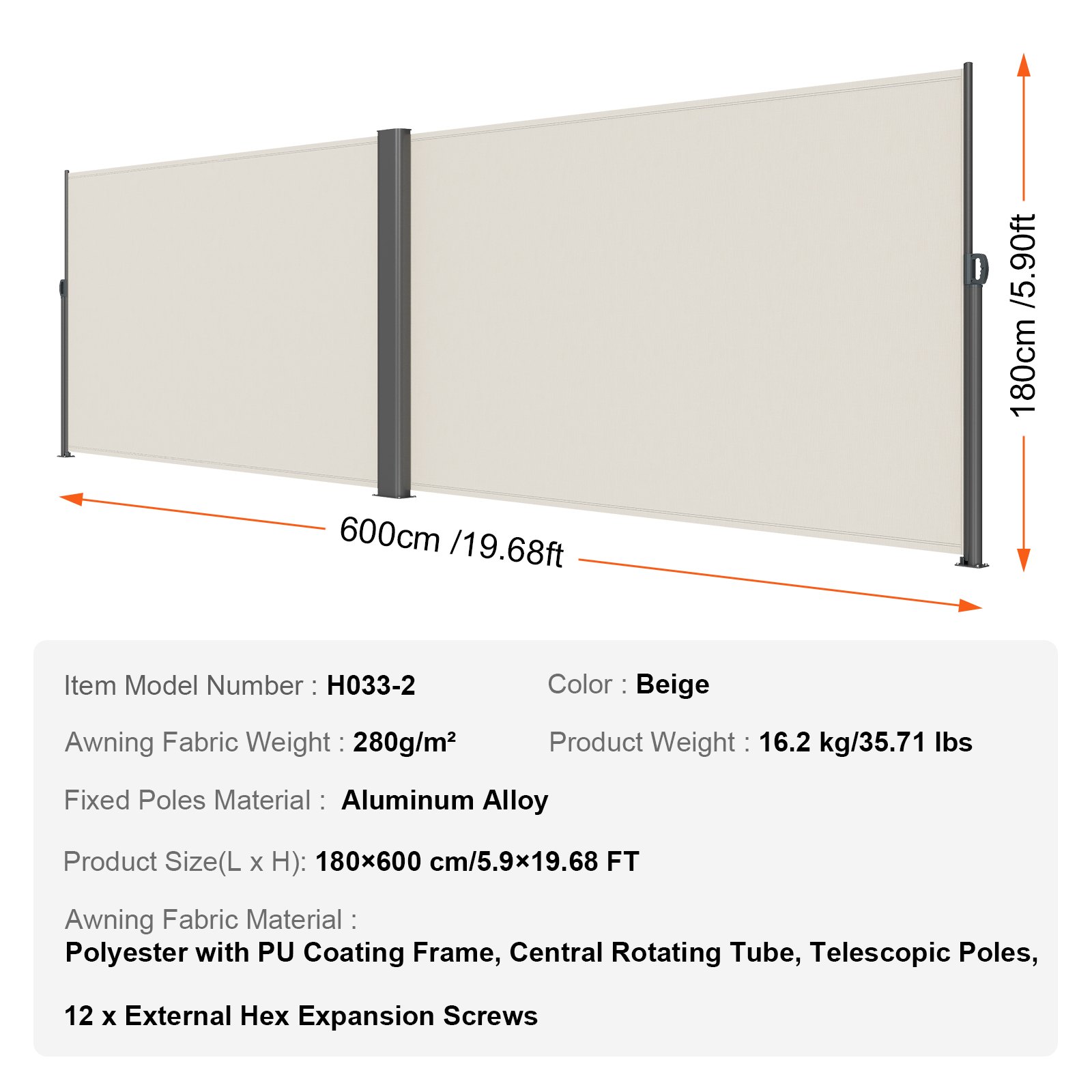 VEVOR Protector Solar a Prueba de Viento para Patio Jardín Blanco Cremoso, Toldo Solar Retráctil, Pantalla de Alta Privacidad 180X600cm