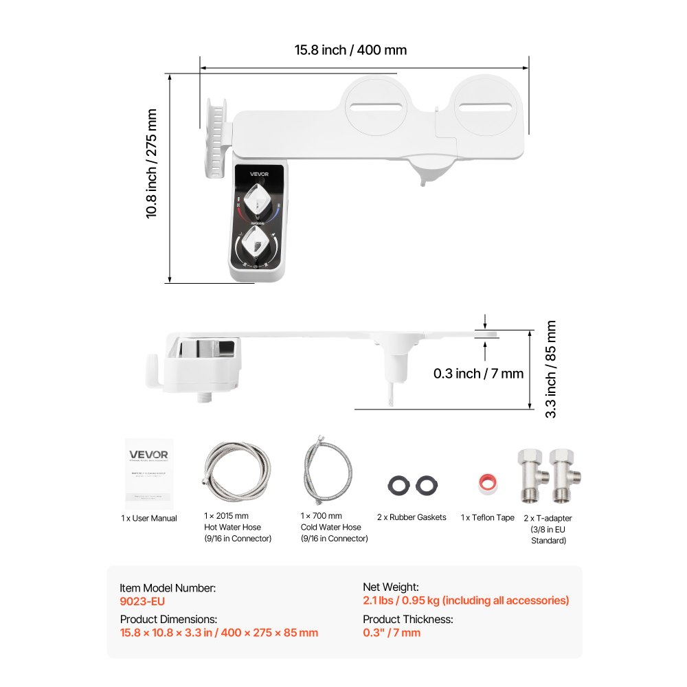 VEVOR Accesorio de Inodoro Bidé, Ultrafino, con Asiento de Inodoro y 2 Boquillas Retráctiles(Agua Fría/Caliente), 2 Perillas Giratorias y Presión de Agua Ajustable para Glúteos y Lavado Íntimo