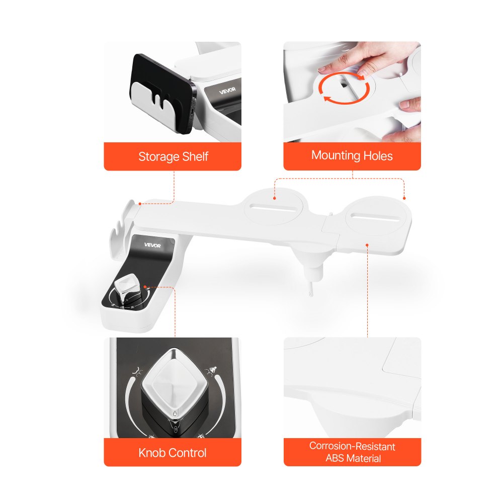 VEVOR Accesorio de Inodoro con Bidé, Ultrafino, con Asiento de Inodoro, 2 Boquillas Retráctiles y Presión de Agua Ajustable, Rociador de Agua Fría no Eléctrico para Lavado Frontal y Trasero, Blanco