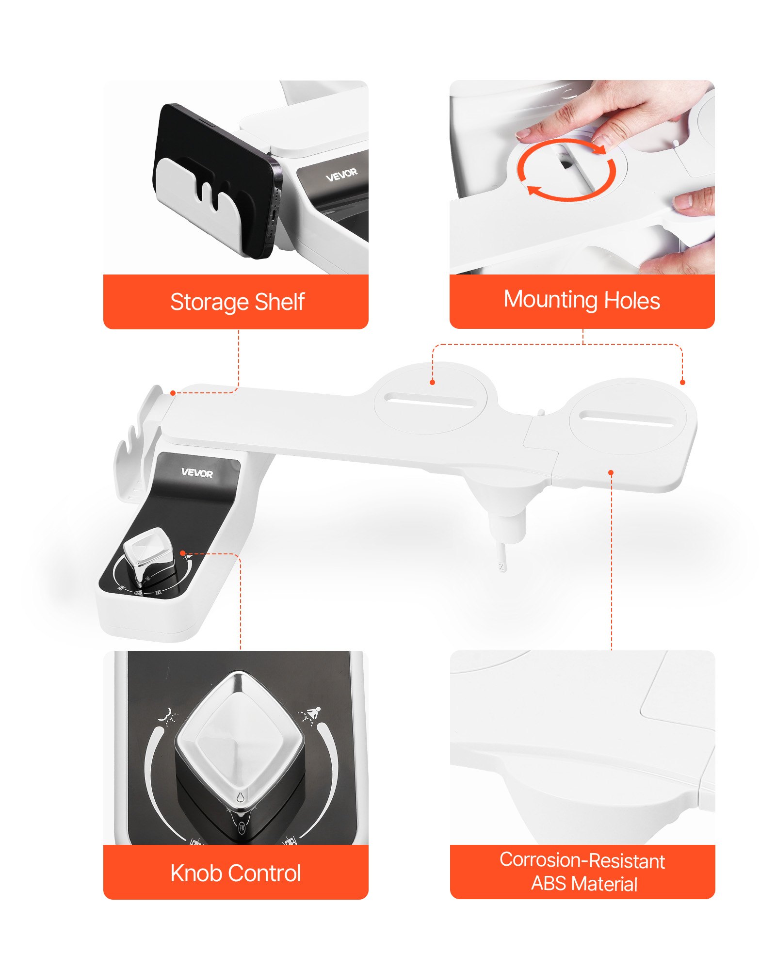 VEVOR Accesorio de Inodoro con Bidé, Ultrafino, con Asiento de Inodoro, 2 Boquillas Retráctiles y Presión de Agua Ajustable, Rociador de Agua Fría no Eléctrico para Lavado Frontal y Trasero, Blanco