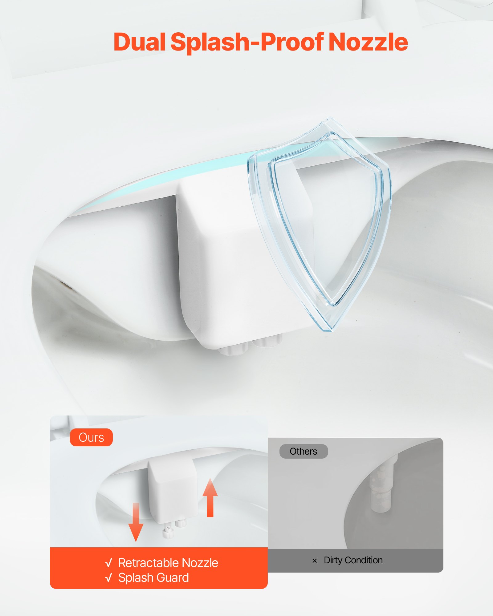 VEVOR Accesorio de Bidé a Inodoro no Eléctrico con Boquilla Doble Extensible y Presión de Agua Fría Ajustable, Entrada Acero Inoxidable, para Glúteos y Lavado Íntimo, Blanco, 431 x 197 x 87 mm