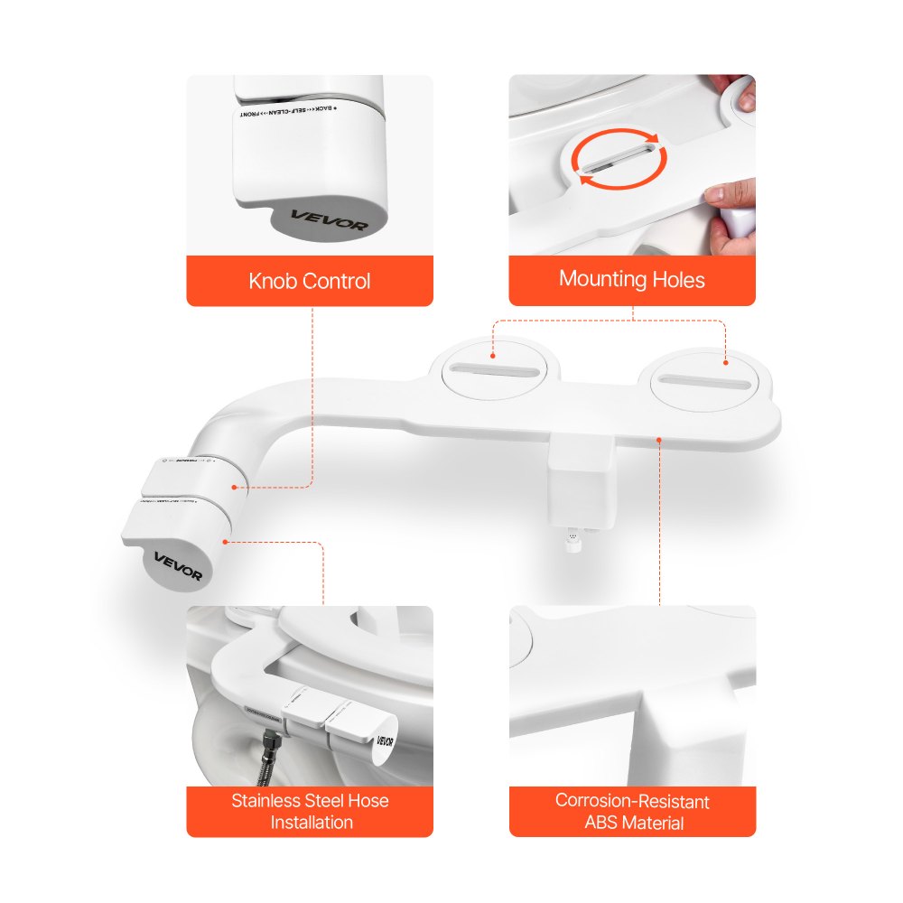 VEVOR Accesorio de Inodoro con Bidé, Asiento de Inodoro Autolimpiable con 2 Boquillas Retráctiles, Presión de Agua Ajustable y Doble Perilla(Estilo Manija), Rociador de Agua Fría Fácil de Instalar