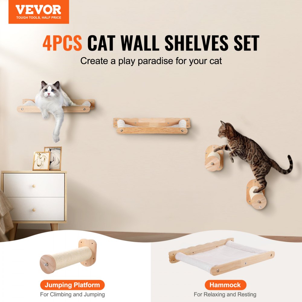 Estantes de pared para gatos VEVOR, estantes de pared para gatos y perchas con postes para saltar y hamacas, juego de muebles para gatos de hasta 40 libras, forro polar coral extraíble y lavable para dormir, jugar y trepar, juego de 4