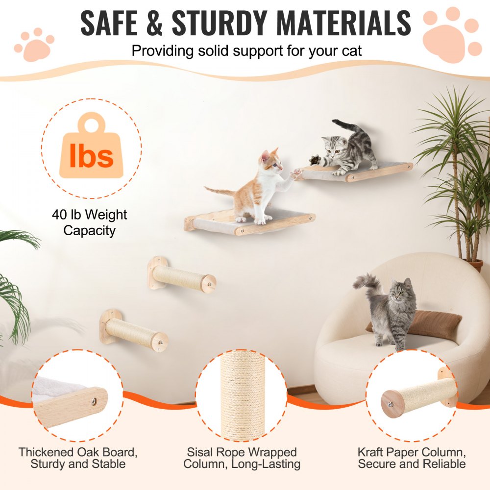 Estantes de pared para gatos VEVOR, estantes de pared para gatos y perchas con postes para saltar y hamacas, juego de muebles para gatos de hasta 40 libras, forro polar coral extraíble y lavable para dormir, jugar y trepar, juego de 4