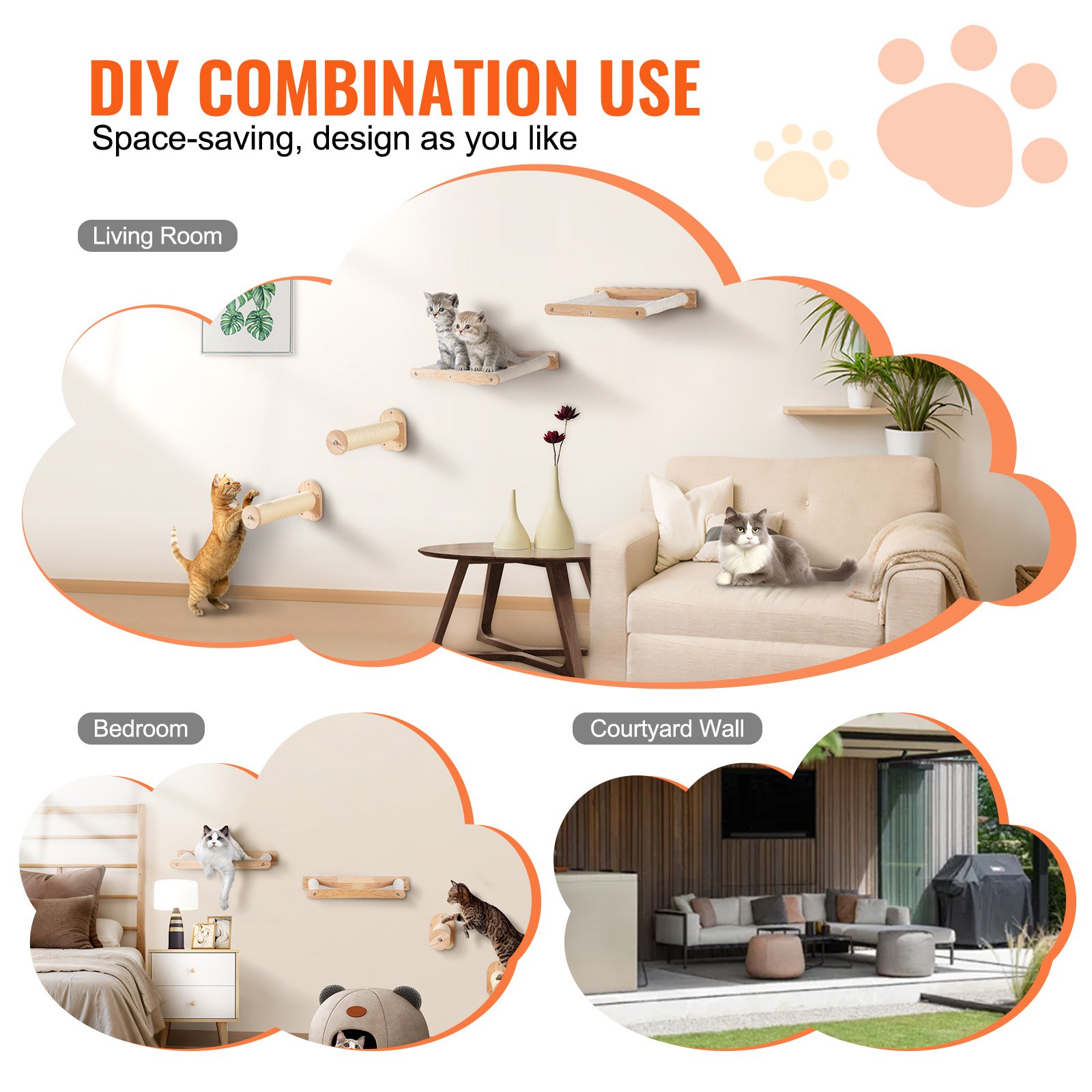 Estantes de pared para gatos VEVOR, estantes de pared para gatos y perchas con postes para saltar y hamacas, juego de muebles para gatos de hasta 40 libras, forro polar coral extraíble y lavable para dormir, jugar y trepar, juego de 4