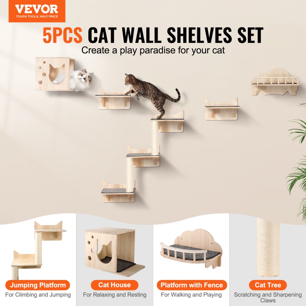 Estantes de pared para gatos VEVOR, estantes de pared para gatos y perchas con tablas para saltar, nido, barrera y árbol para gatos, muebles flotantes para gatos de hasta 40 libras para dormir, jugar y trepar, juego de 5