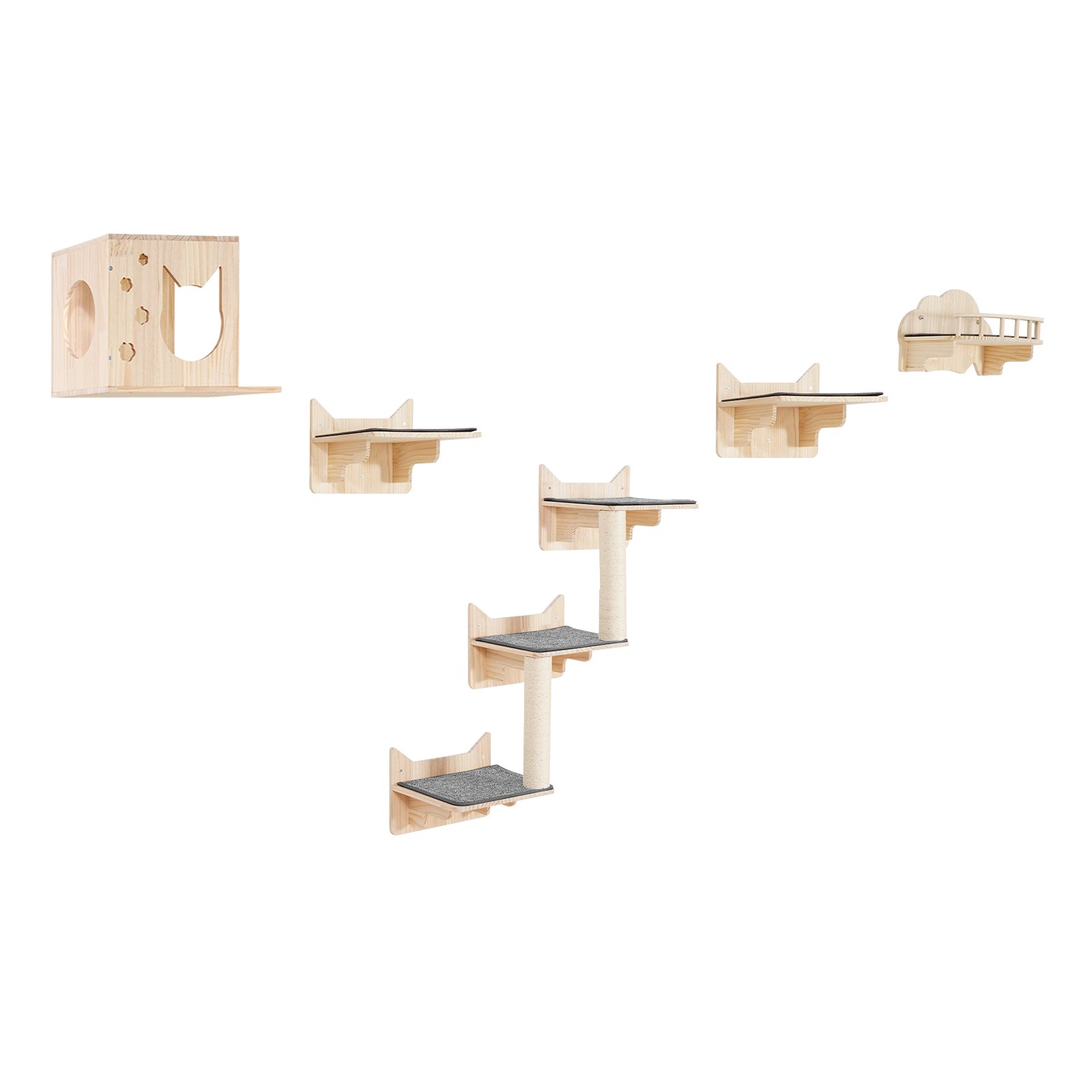 Estantes de pared para gatos VEVOR, estantes de pared para gatos y perchas con tablas para saltar, nido, barrera y árbol para gatos, muebles flotantes para gatos de hasta 40 libras para dormir, jugar y trepar, juego de 5