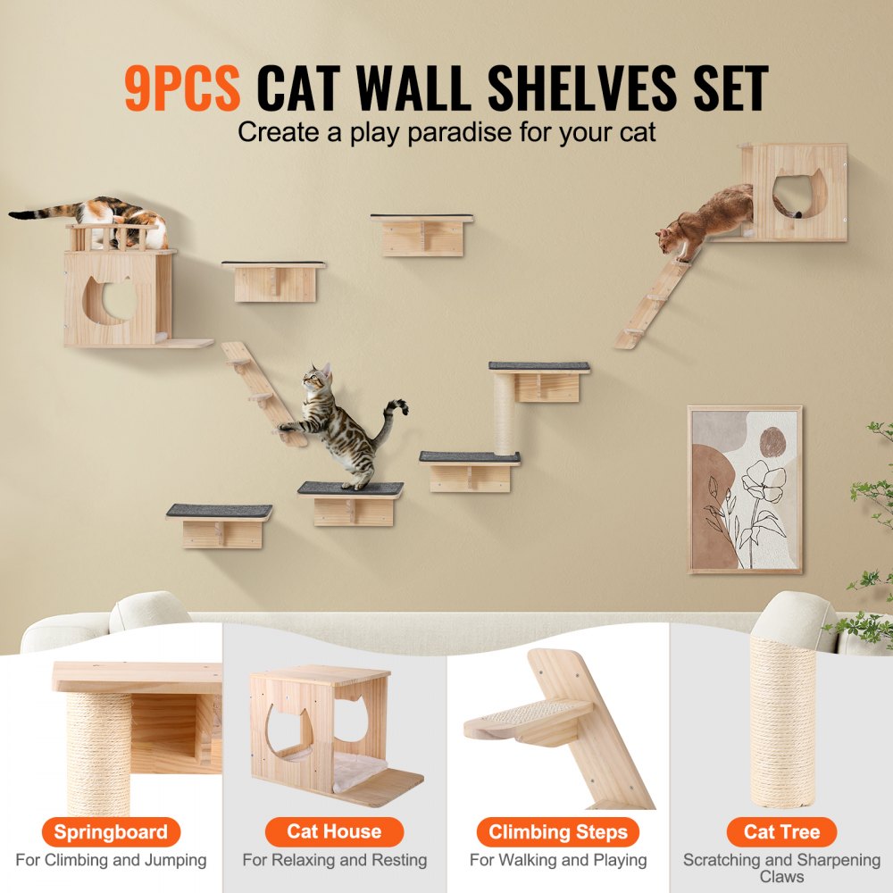 VEVOR wall-mounted cat shelves, cat wall shelves and perches with jumping boards, cat beds, hammocks and cat trees, cat furniture and shelves up to 18 kg for sleeping, playing, climbing, 9-piece set