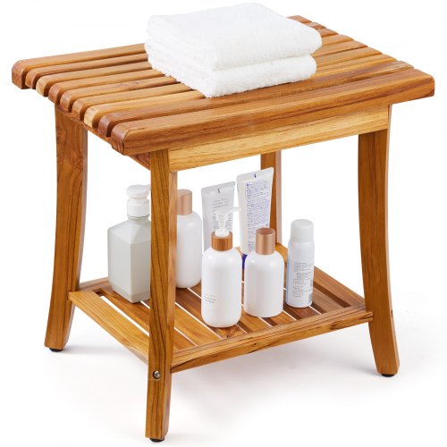Banco de ducha de teca VEVOR, 20 x 14,3 x 17,9 pulgadas, taburete de ducha de madera resistente al agua con estante de almacenamiento, almohadillas antideslizantes para los pies, capacidad de carga máxima de 400 libras, asiento de silla de ducha, para uso en interiores y exteriores en el baño