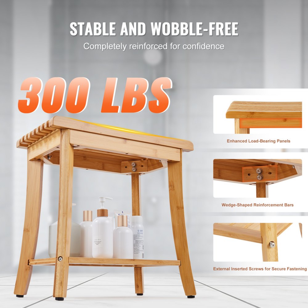 Banco de ducha de bambú VEVOR, 19,1 x 11,3 x 18,3 pulgadas, taburete de ducha impermeable con estante de almacenamiento, capacidad de carga de 330 libras, organizador de asiento de bañera de spa, para adultos, mujeres mayores, ancianos, interiores y exteriores