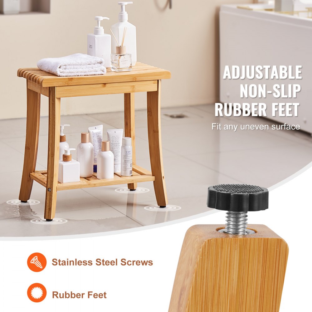 Banco de ducha de bambú VEVOR, 19,1 x 11,3 x 18,3 pulgadas, taburete de ducha impermeable con estante de almacenamiento, capacidad de carga de 330 libras, organizador de asiento de bañera de spa, para adultos, mujeres mayores, ancianos, interiores y exteriores